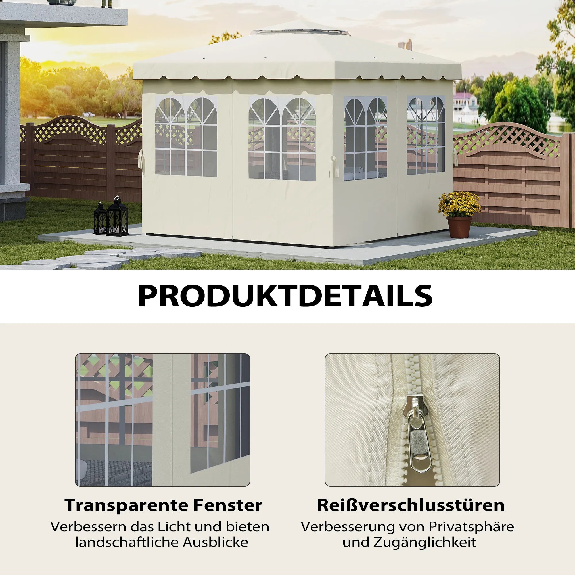 Pavilionų šoninės sienos, 4 šoninių sienų plokštės sodo paviljonui, su užtrauktuku, 3 x 3 m paviljonas, kreminė balta