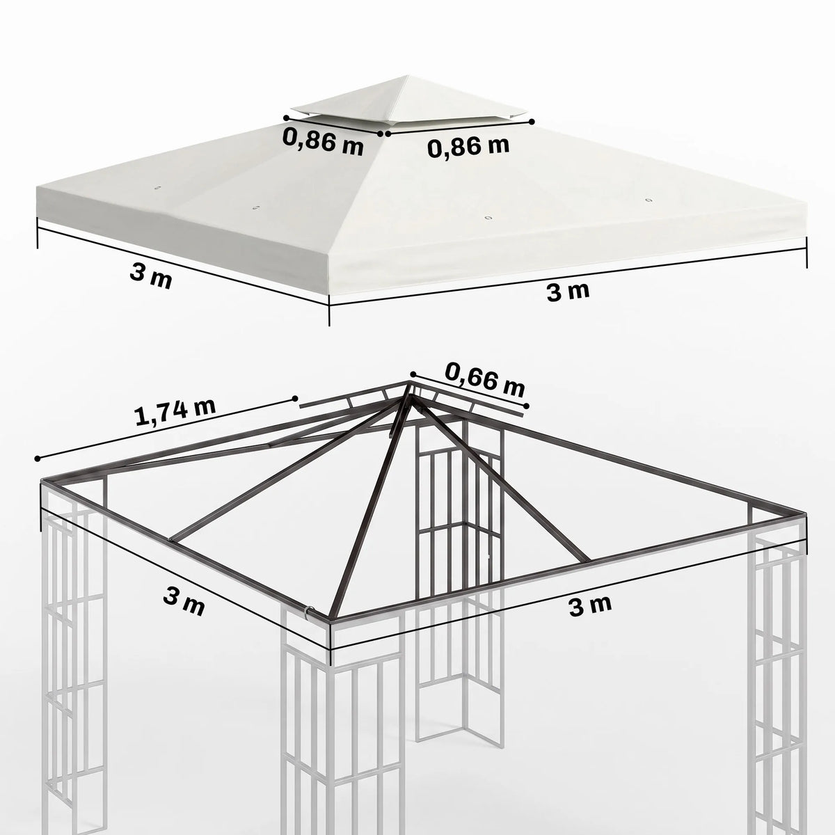 Pavėsinės stogo matmenų schema: 3 x 3 m, viršutinės pakopos kraštinė 0,86 m