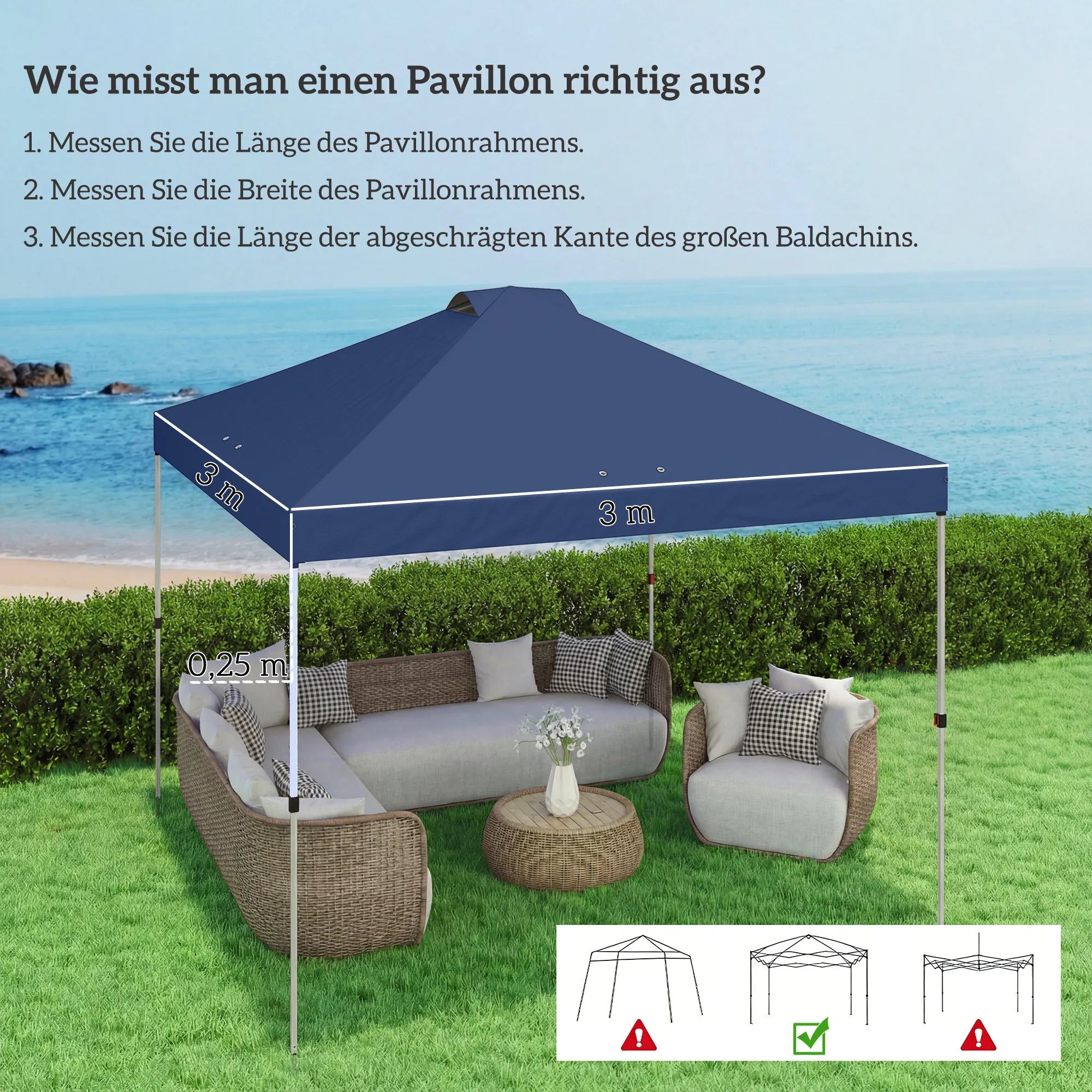 Paviljono stogas 3x3 m, su UV50+ apsauga ir 8 drenažo angomis, mėlynas