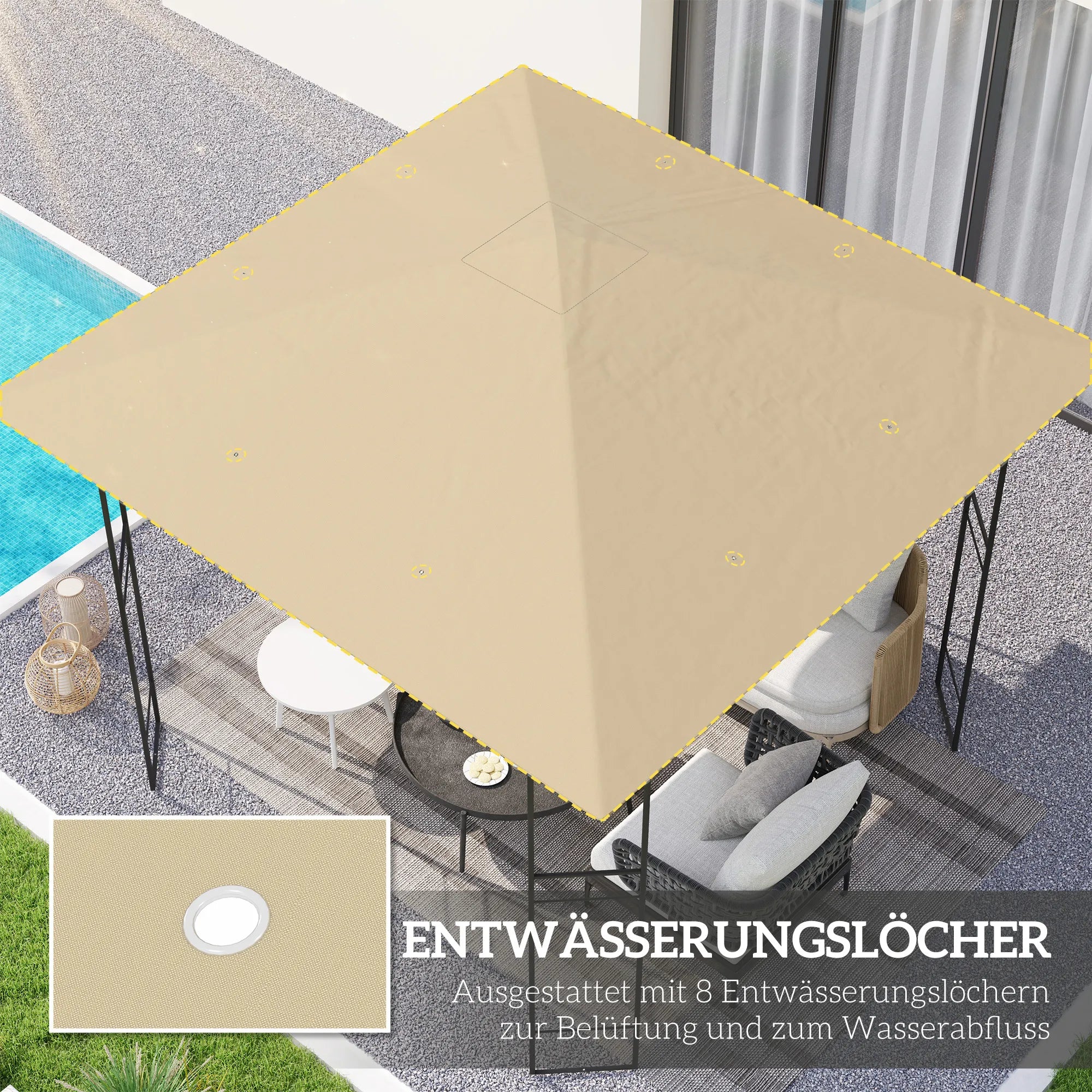 Paviljono stogas 3x3 m, vandeniui atsparus keičiamas stogelis, smėlinis