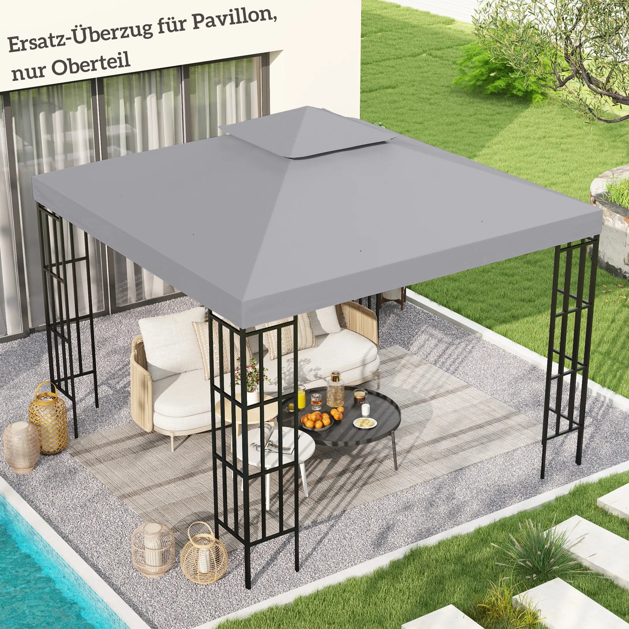 Paviljono stogo danga, paviljono stogas 3×3 m, vandeniui atspari, su drenažo angomis, šviesiai pilka