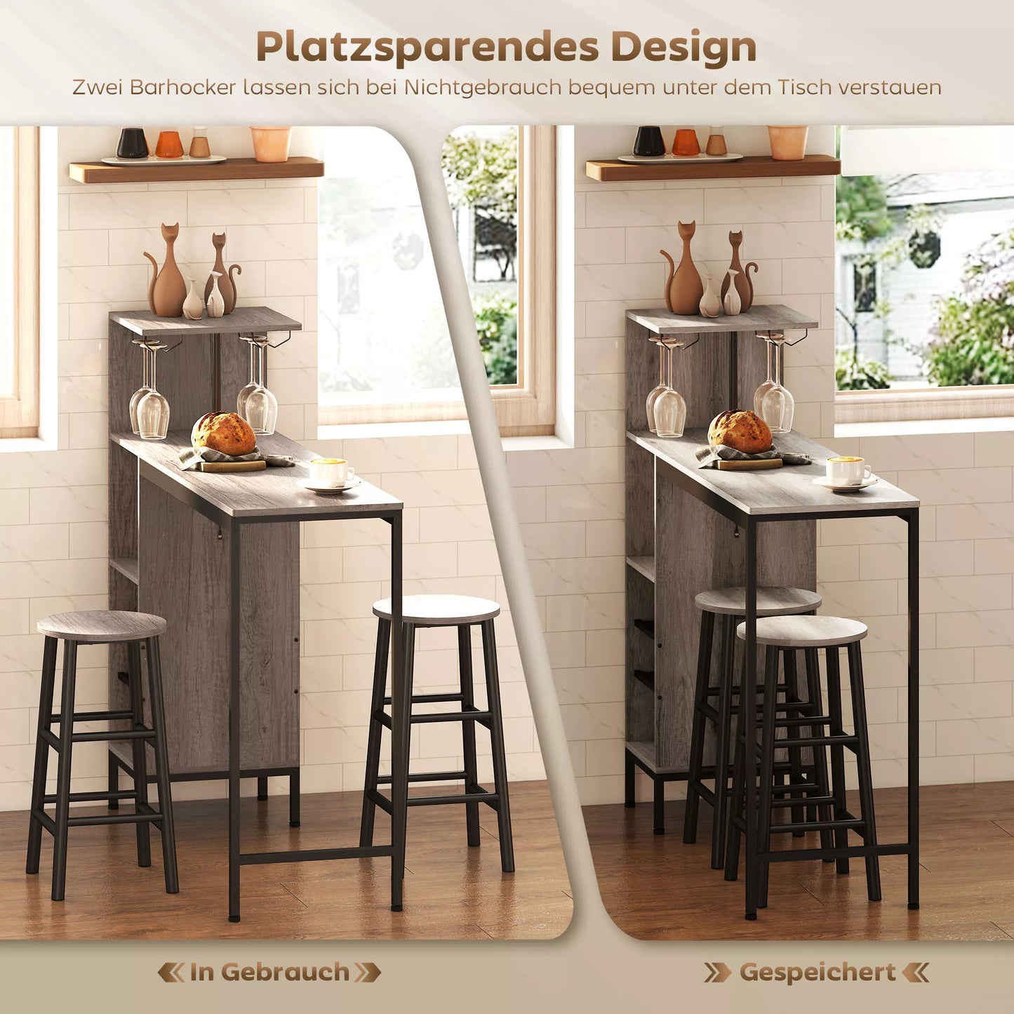 3 dalių baro stalo komplektas su laikymo vieta, vyno lentynomis, stiklo laikikliais, taburetėmis su atrama kojoms, mažoms erdvėms, pilkas