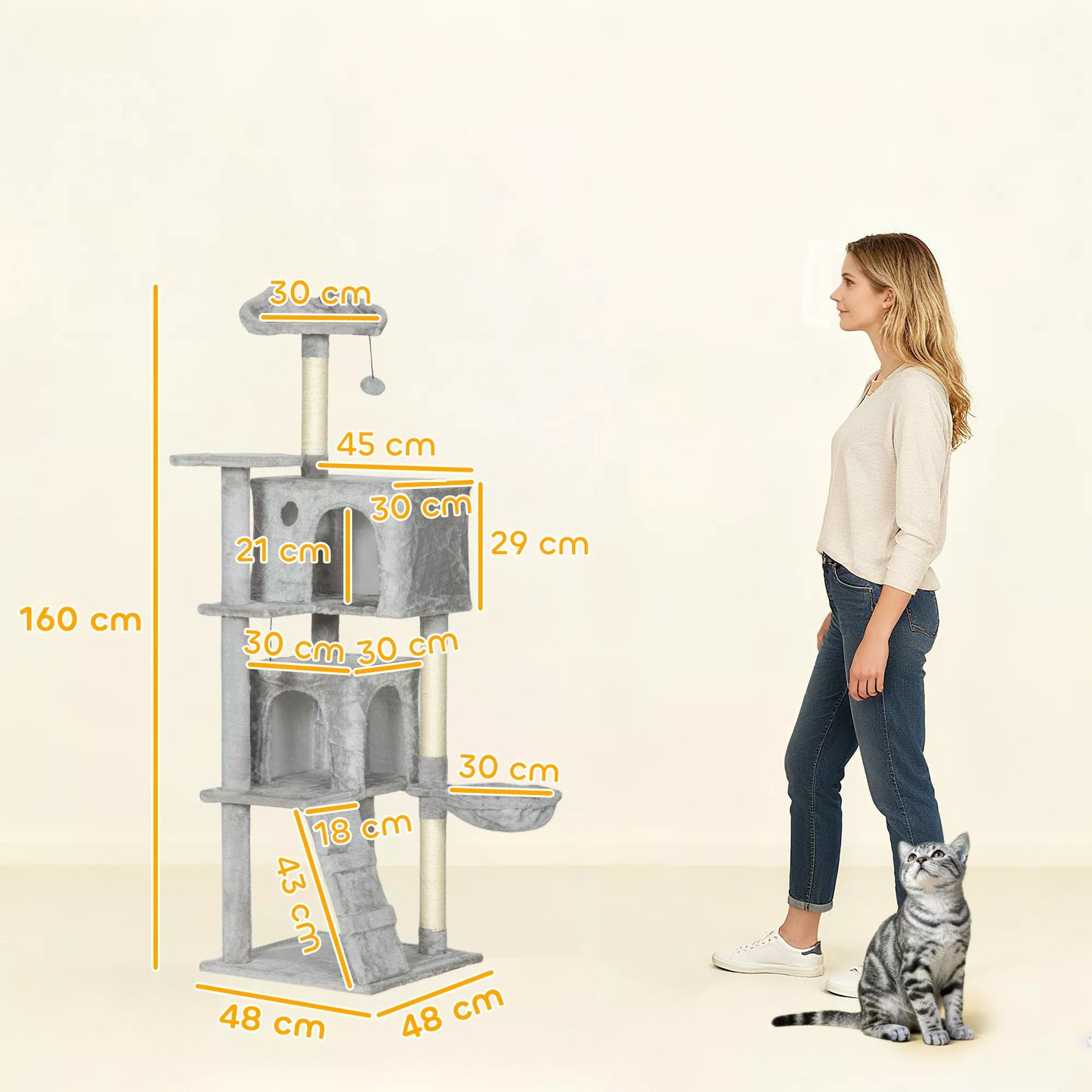 160 cm Kačių draskykla, kelios pakopos, sizaliniai draskymo stulpeliai, urveliai, pliušinės platformos, hamakas, laipteliai, žaisliniai kamuoliukai