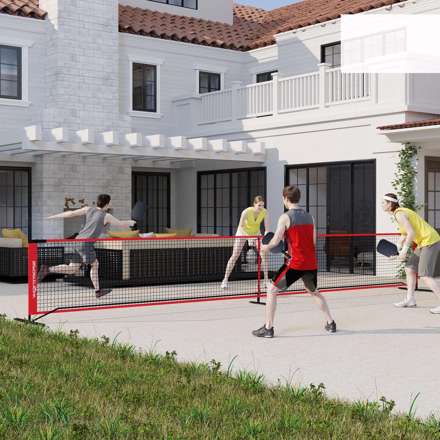 Pickleball rinkinys su tinklu, stovu, kamuoliukais, plienas, plastikas, raudonas