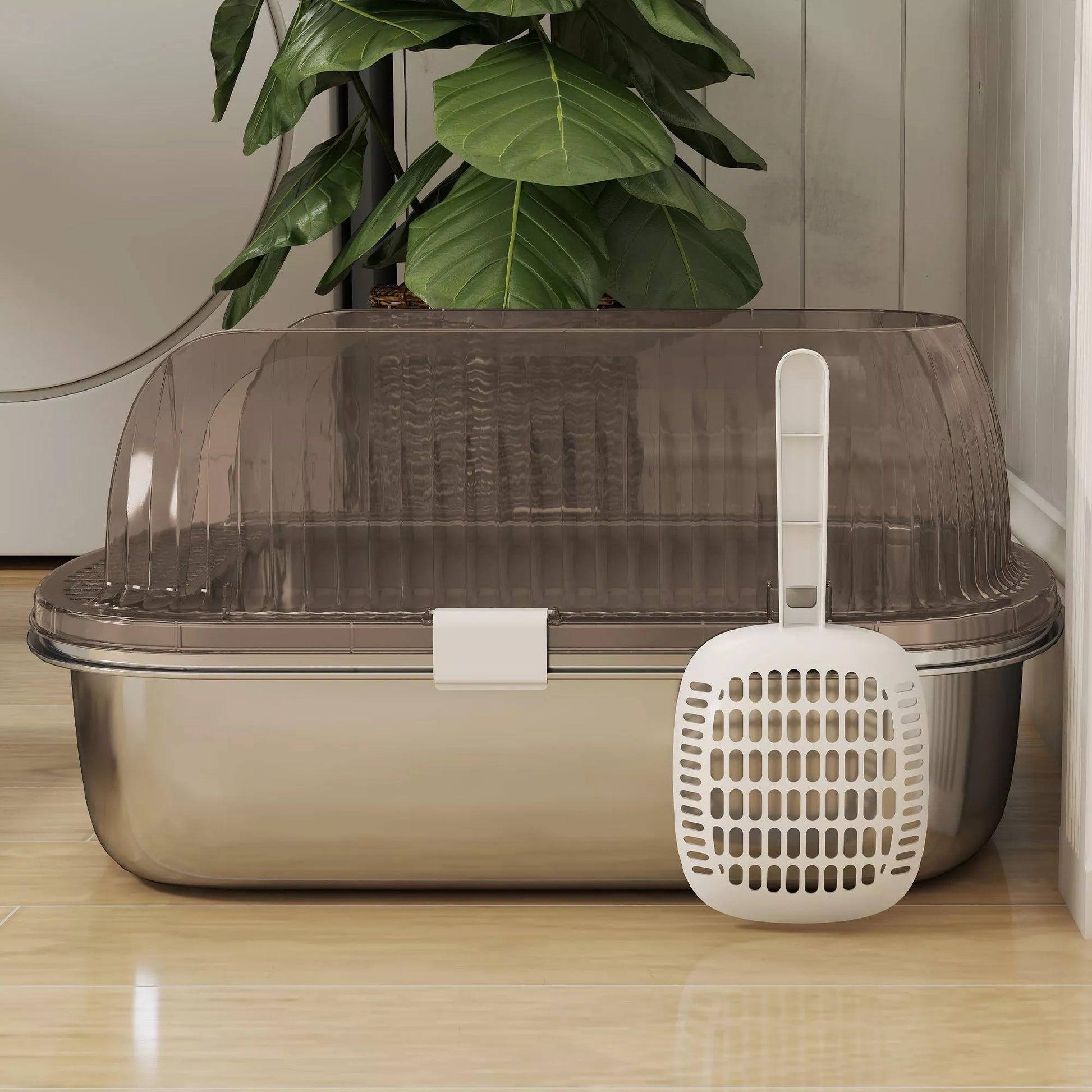 Katės tualetas iš nerūdijančio plieno, katės tualetas su aukštu kraštu, vonia, su kastuvu, skirtas didelėms katėms, 53x42x27 cm, anglies pilkos spalvos