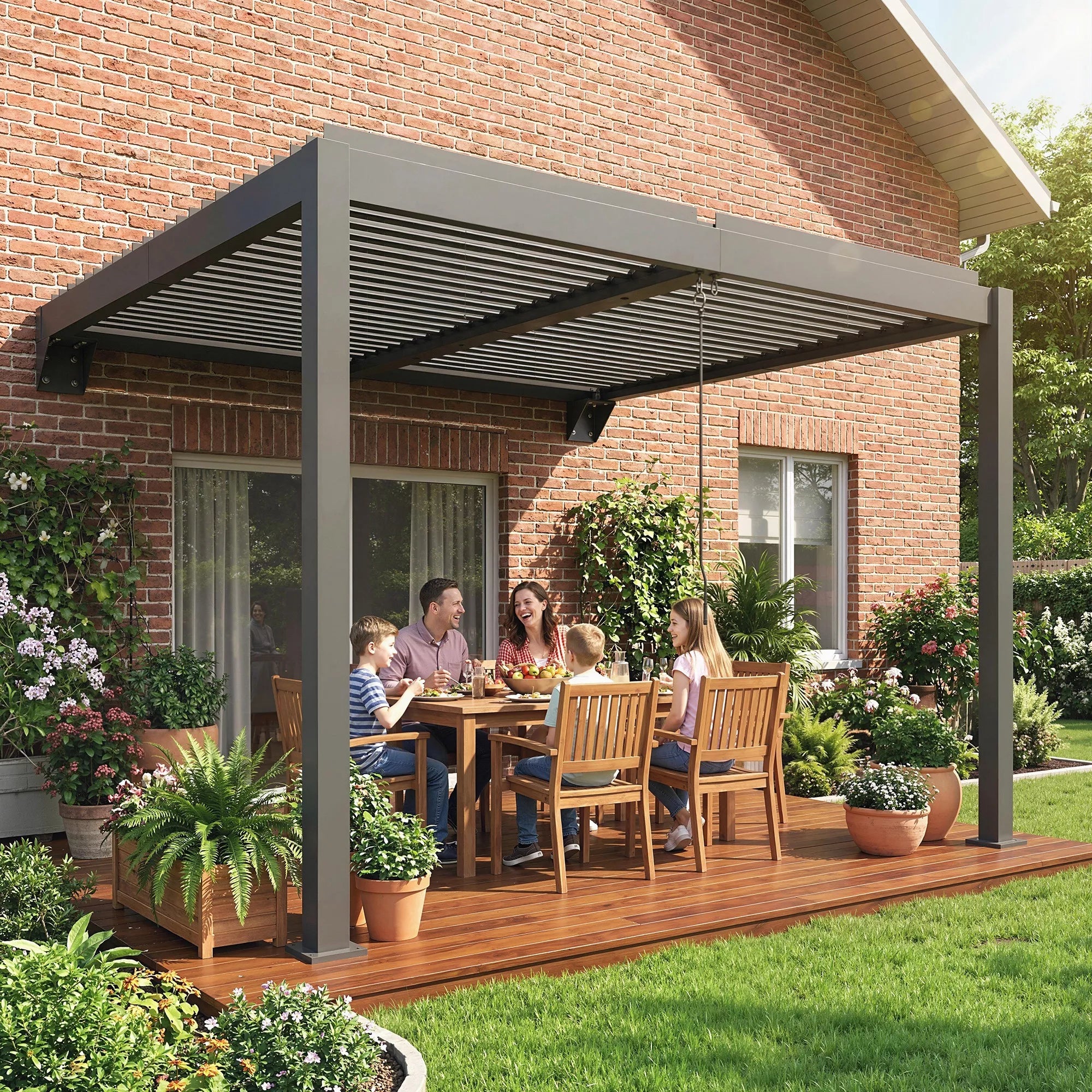 Pergola, apie 3x3 m, aliuminio terasos stogas su reguliuojamu lamelių stogu, montuojamas prie sienos, tamsiai pilkos spalvos