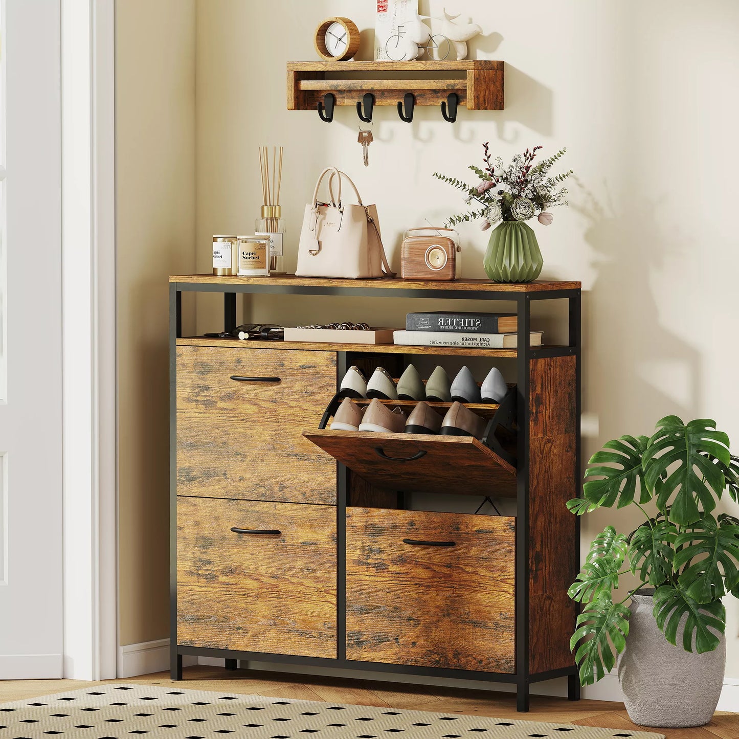 Siauros konstrukcijos batų spinta su 4 atlenkiamais stalčiais, atvira lentyna, talpa 12-20 porų batų, plieninė, ruda