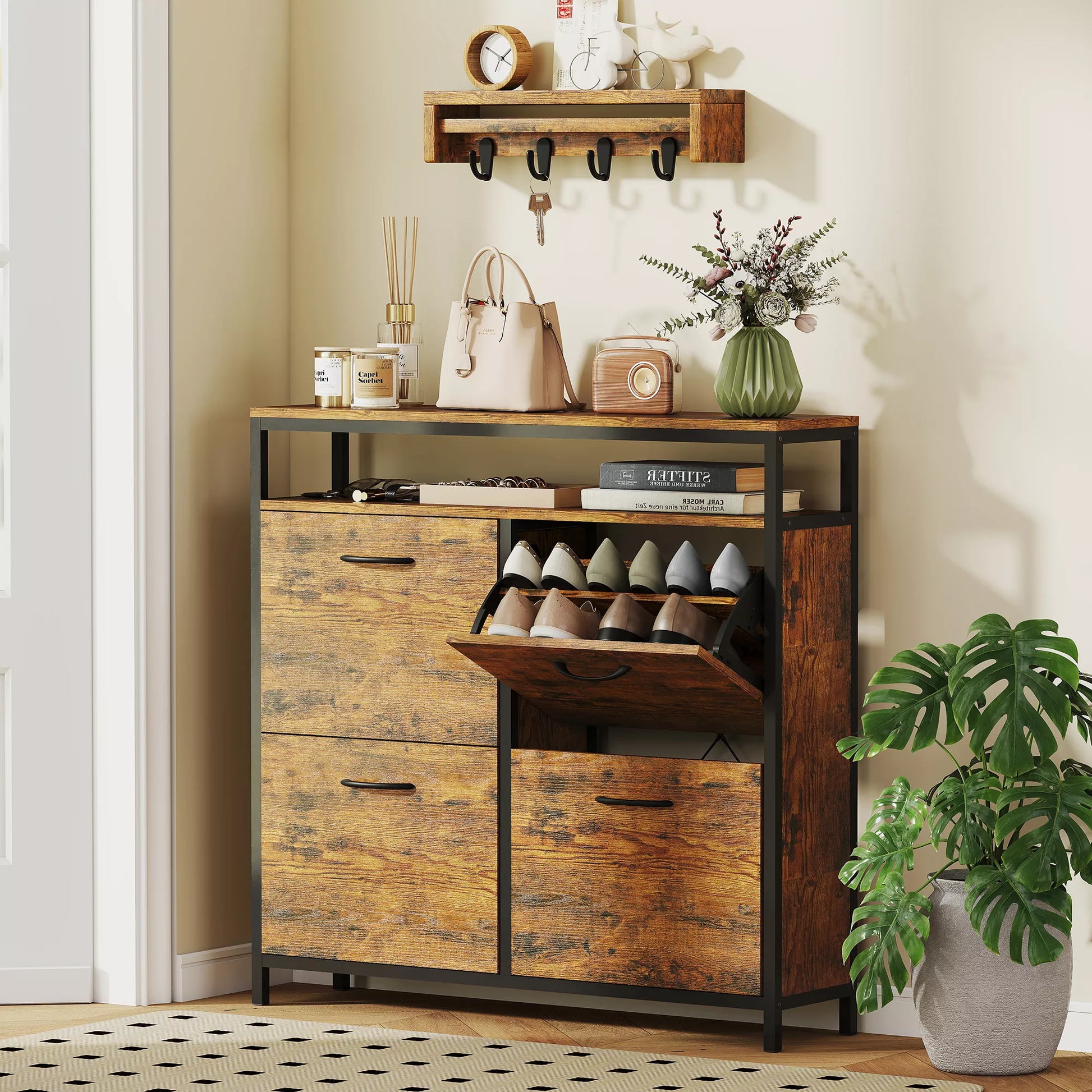 Siauros konstrukcijos batų spinta su 4 atlenkiamais stalčiais, atvira lentyna, talpa 12-20 porų batų, plieninė, ruda