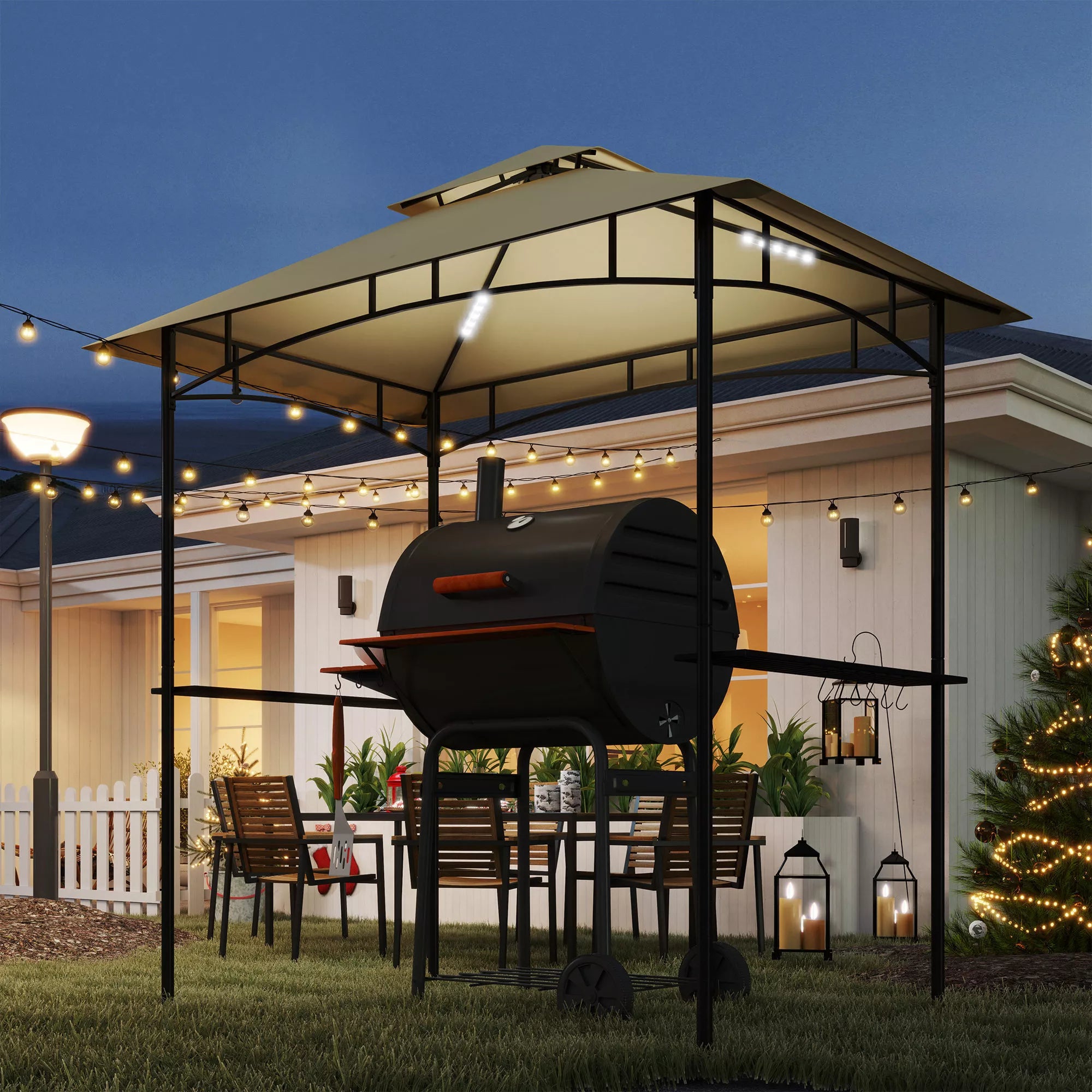 Grill paviljonas su LED 240 x 150 x 258 cm, atsparus vandeniui, ugniai atsparus Sodo paviljonas su dvigubu stogu