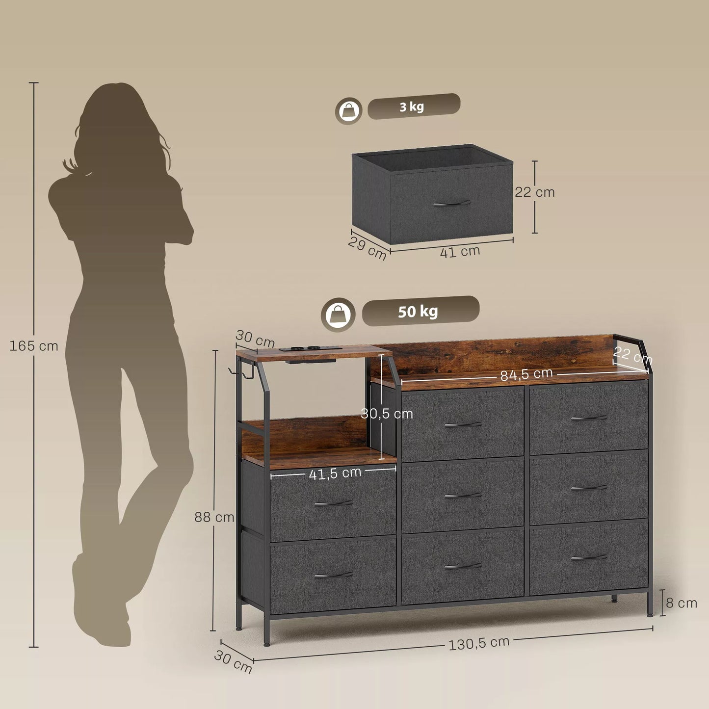 Komoda su 8 medžiaginiais stalčiais, su įkrovimo stotele, plienas, ruda/juoda