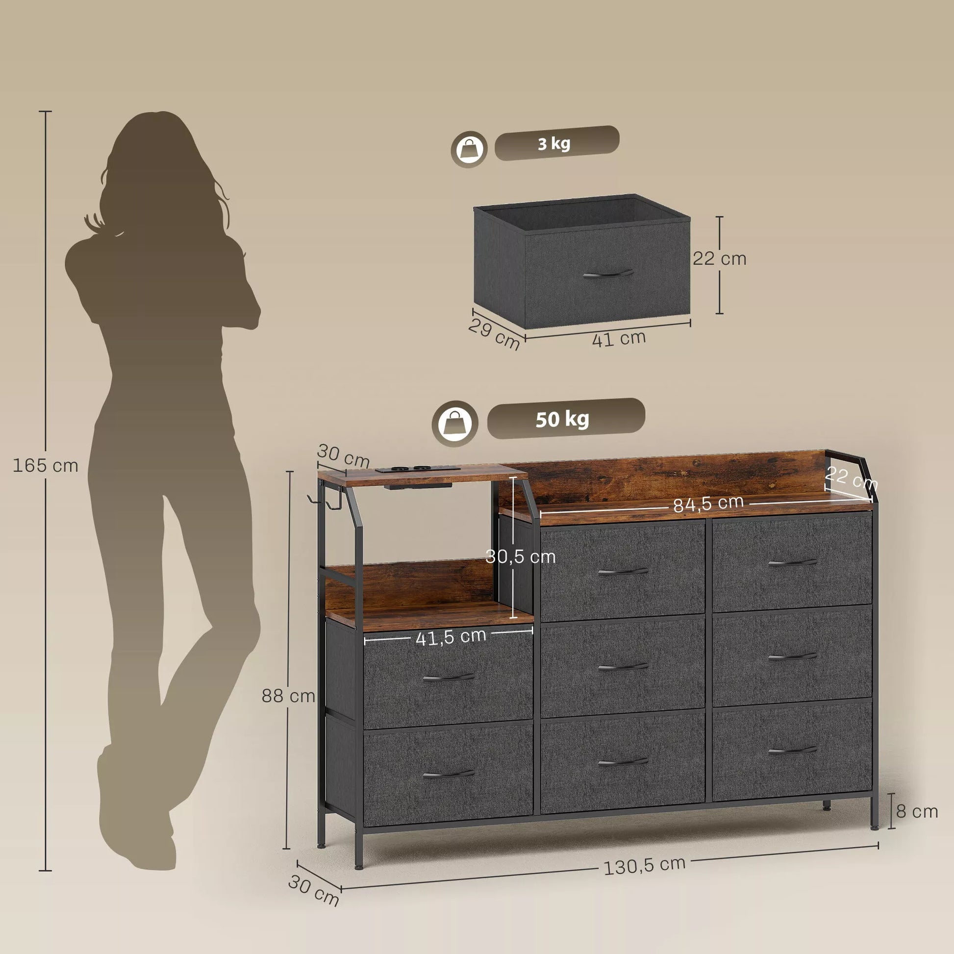 Komoda su 8 medžiaginiais stalčiais, su įkrovimo stotele, plienas, ruda/juoda