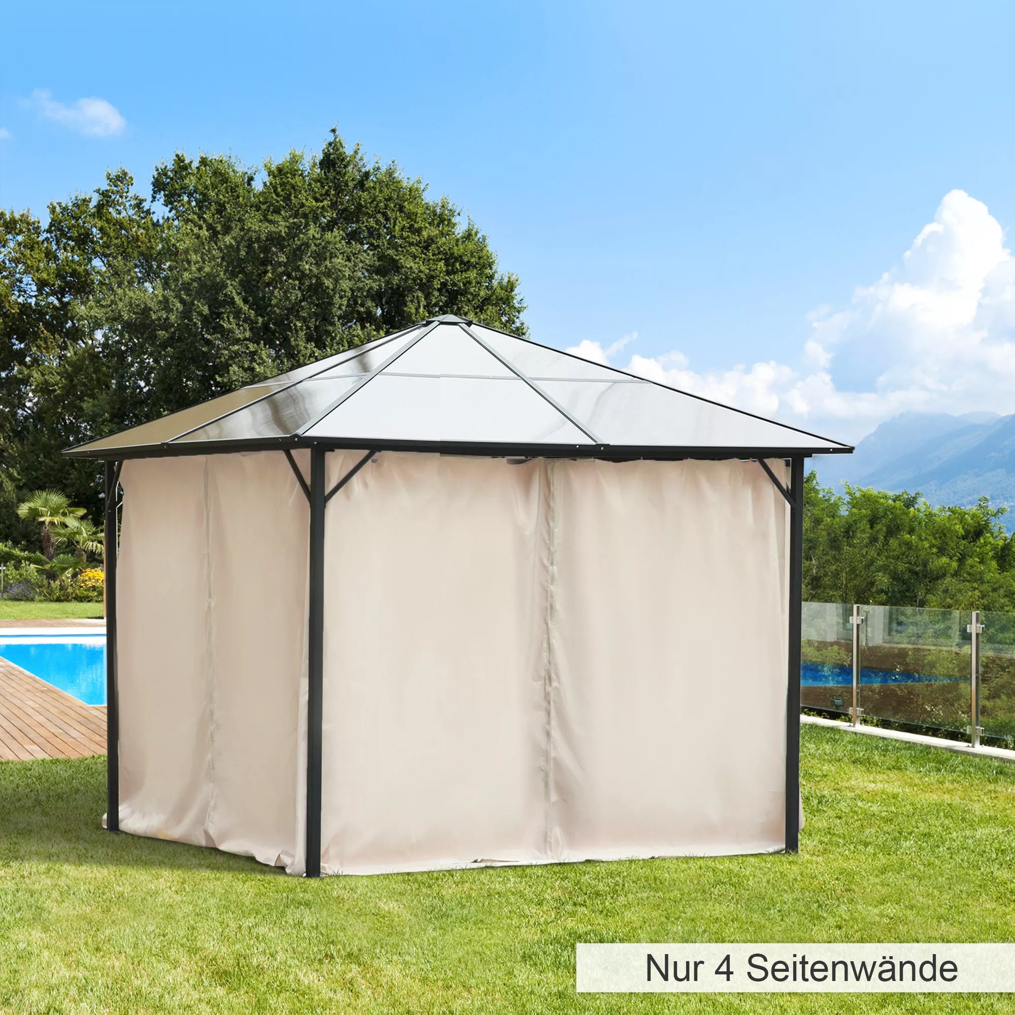 4 atsarginės užuolaidos 3x3 m paviljonams, tvirtos, skirtos strypams ir slydimo bėgeliui, su dviguba užtrauktuku, smėlio spalvos
