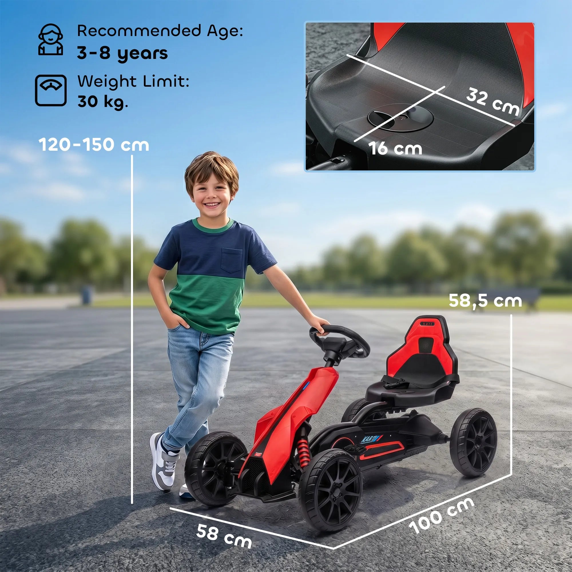 Pedalinis kartingas su atbuline pavara, vaikams nuo 3 iki 8 metų, raudonos spalvos