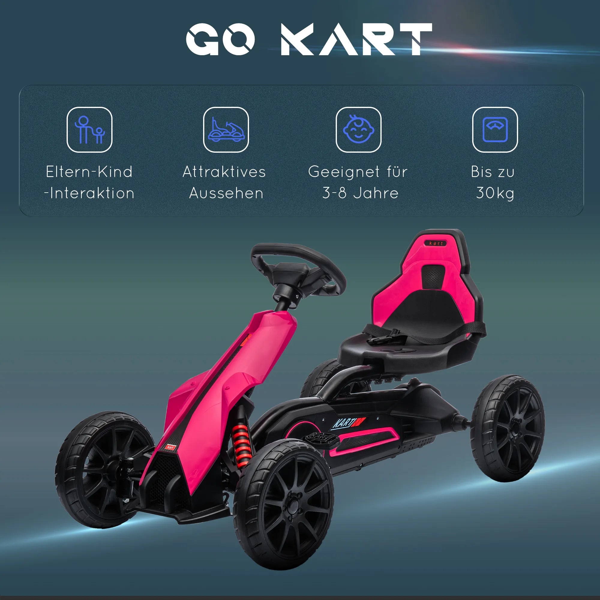 Pedalinis kartingas vaikams 3–8 metų, reguliuojama sėdynė, rožinis