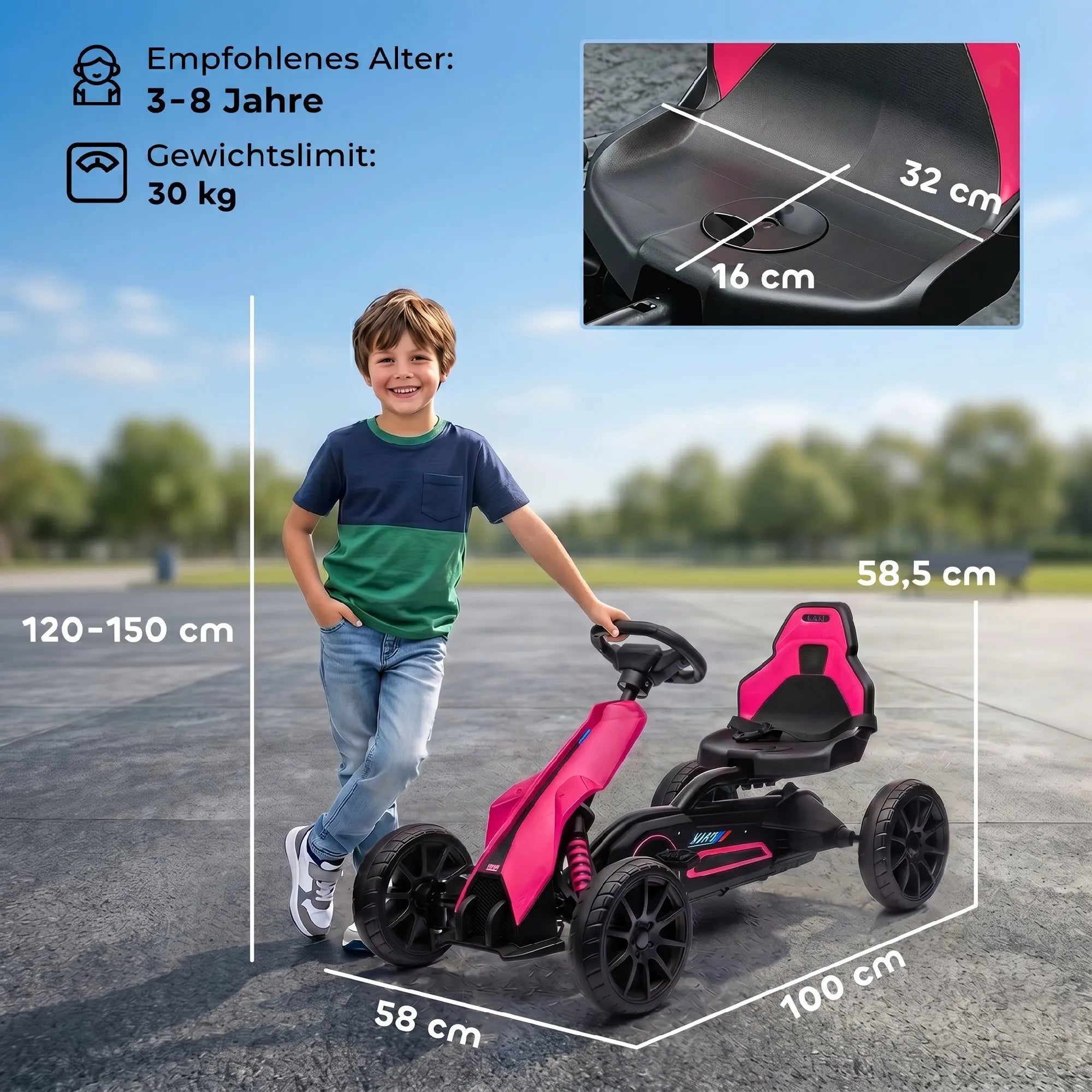 Pedalinis kartingas vaikams 3–8 metų, reguliuojama sėdynė, rožinis