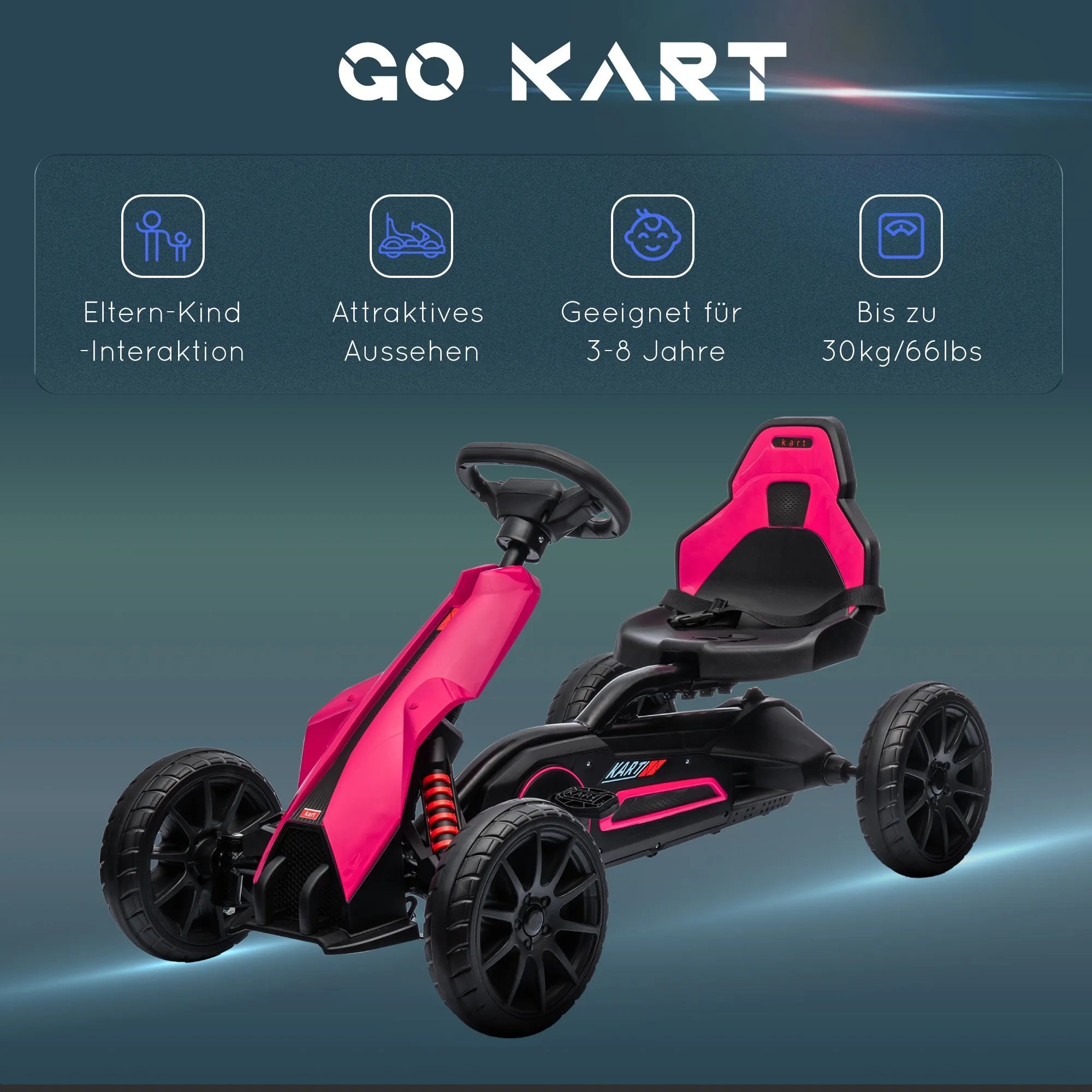 Pedalinis kartingas vaikams 3–8 metų, reguliuojama sėdynė, rožinis