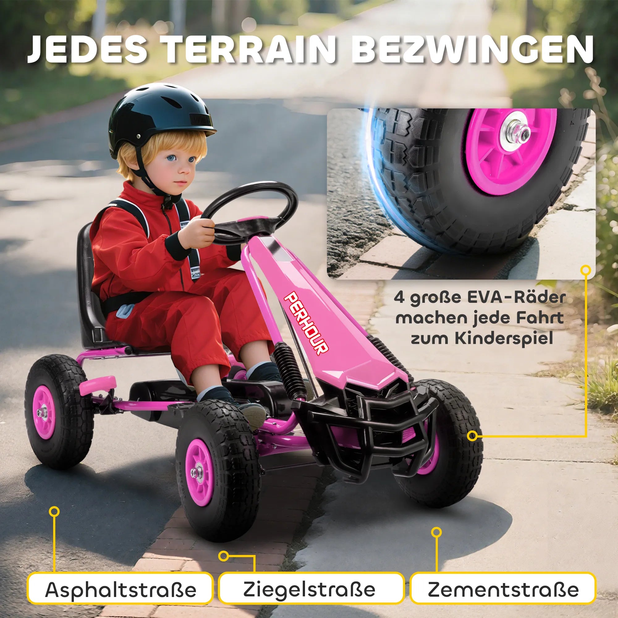 Pedalinis kartingas vaikams, reguliuojama sėdynė, EVA ratai, 3–8 metų, rožinis