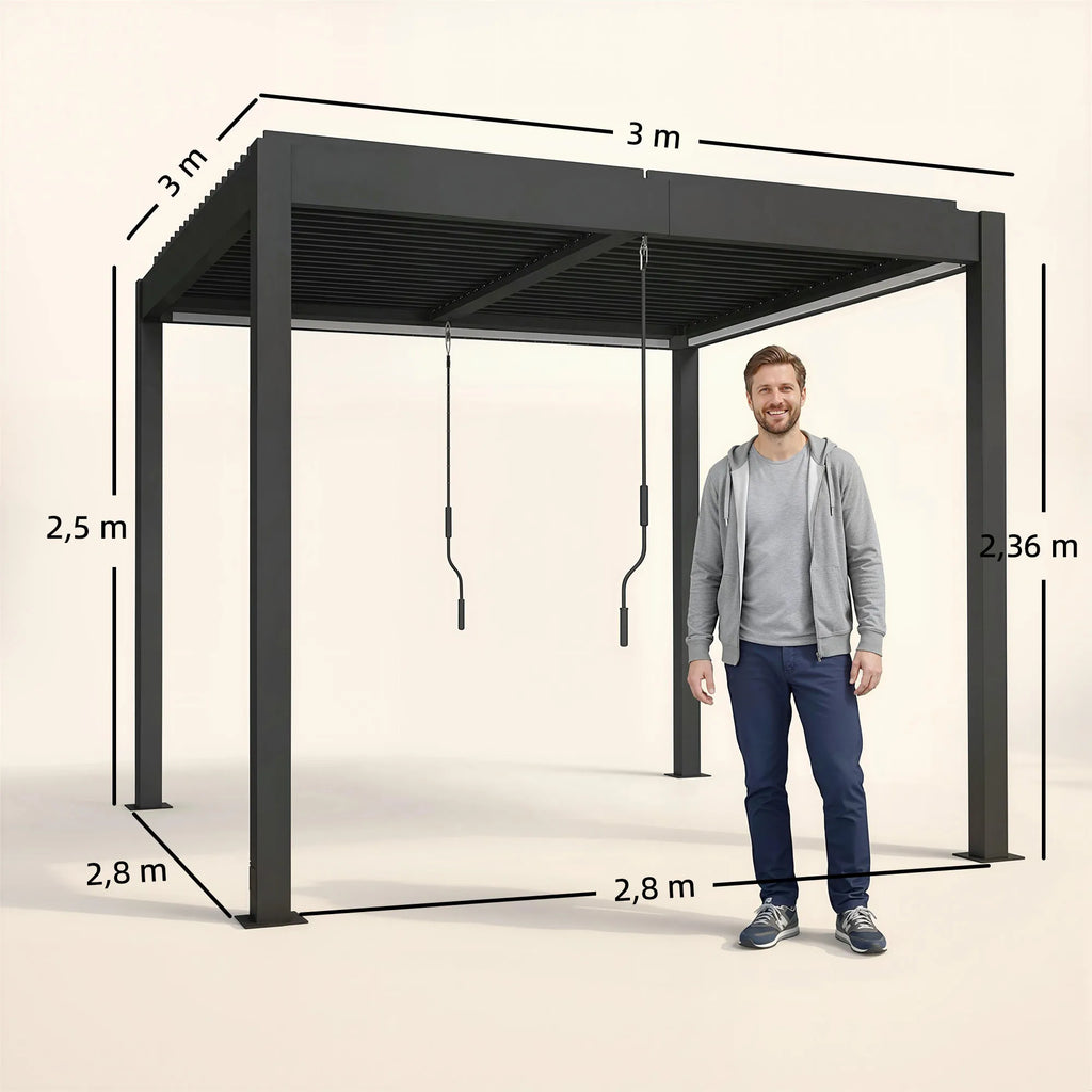 Pergola 3x3 m, aliumininė terasos stoginė su LED apšvietimu ir reguliuojamu lamelių stogu