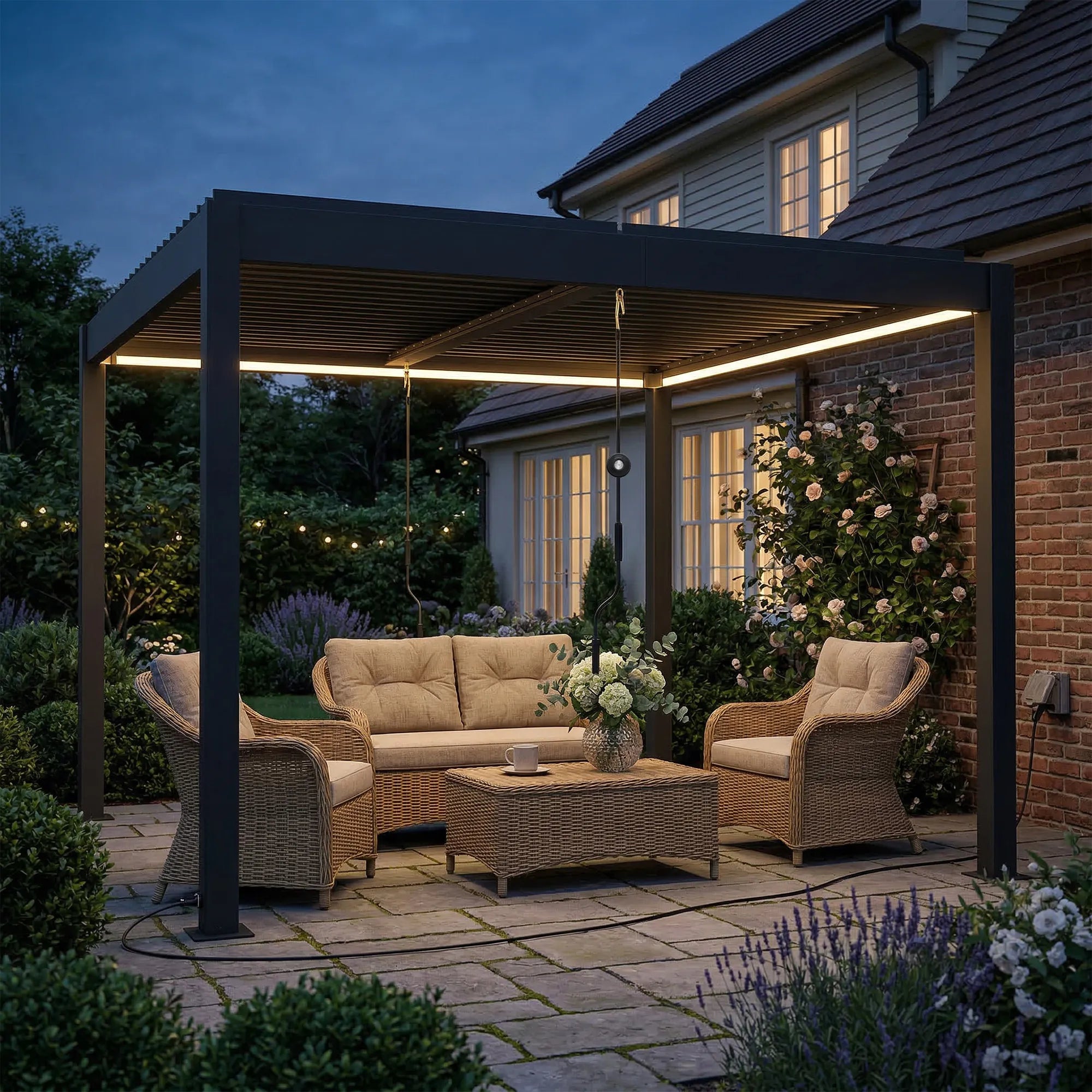 Pergola 3x3 m, aliumininė terasos stoginė su LED apšvietimu ir reguliuojamu lamelių stogu
