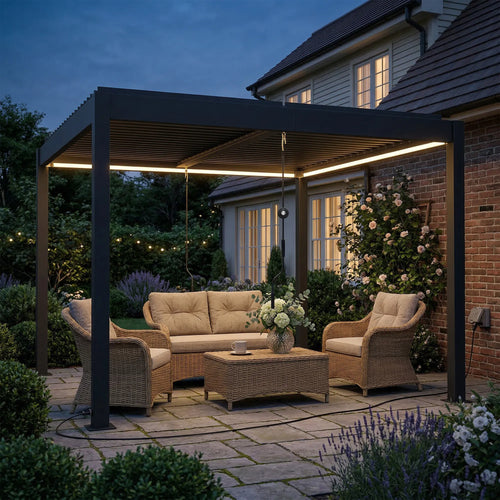 Pergola 3x3 m, aliumininė terasos stoginė su LED apšvietimu ir reguliuojamu lamelių stogu