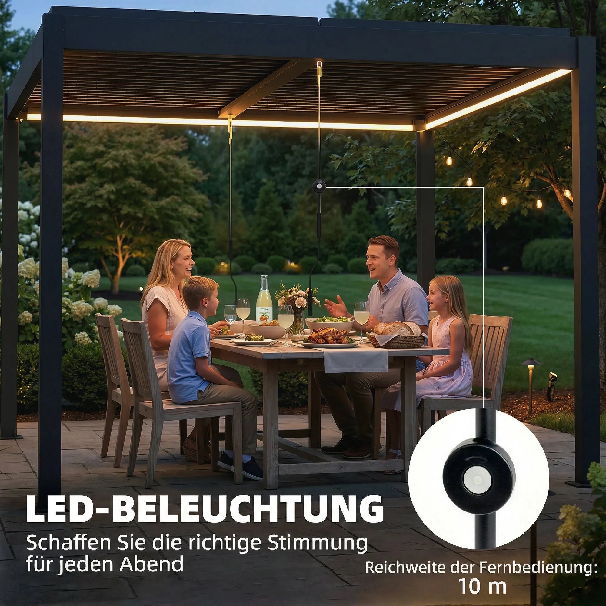 Pergola 3x3 m, aliumininė terasos stoginė su LED apšvietimu ir reguliuojamu lamelių stogu