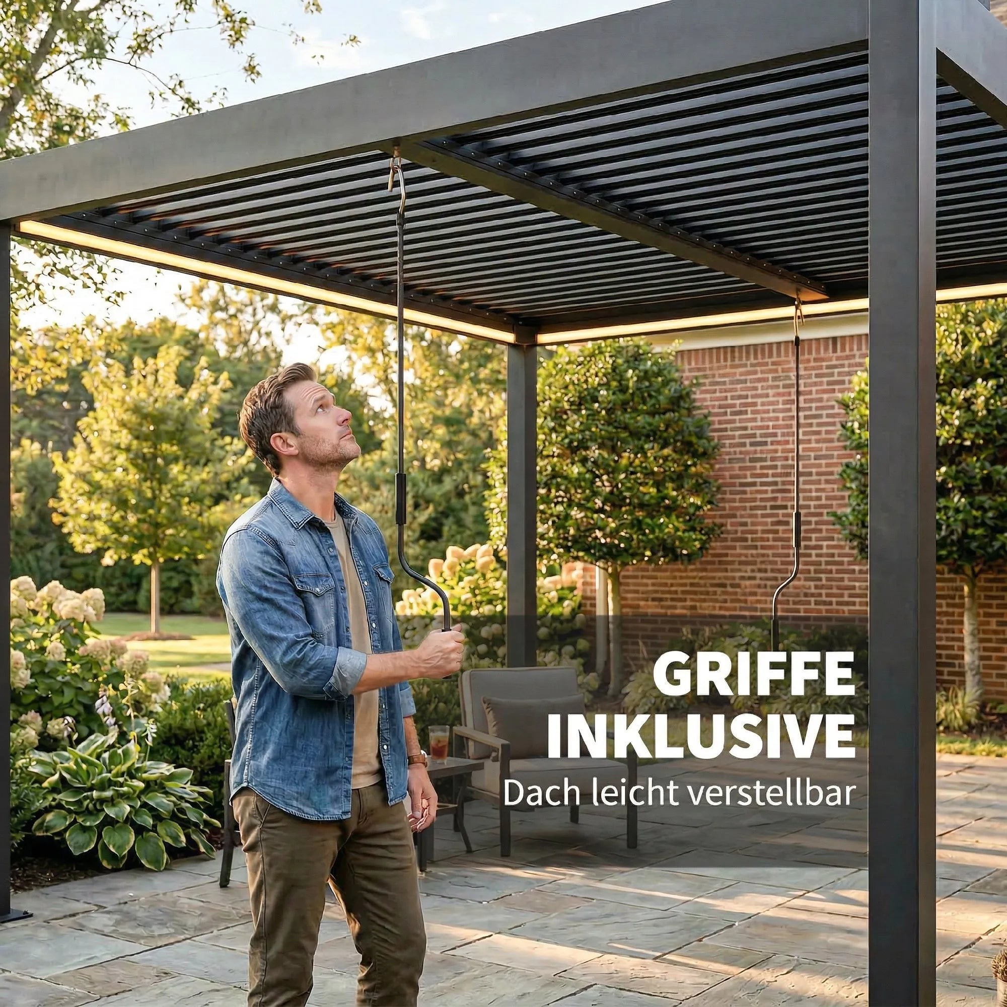 Pergola 3x3 m, aliumininė terasos stoginė su LED apšvietimu ir reguliuojamu lamelių stogu