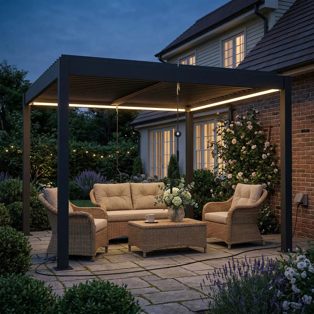 Pergola 3x3 m, aliumininė terasos stoginė su LED apšvietimu ir reguliuojamu lamelių stogu