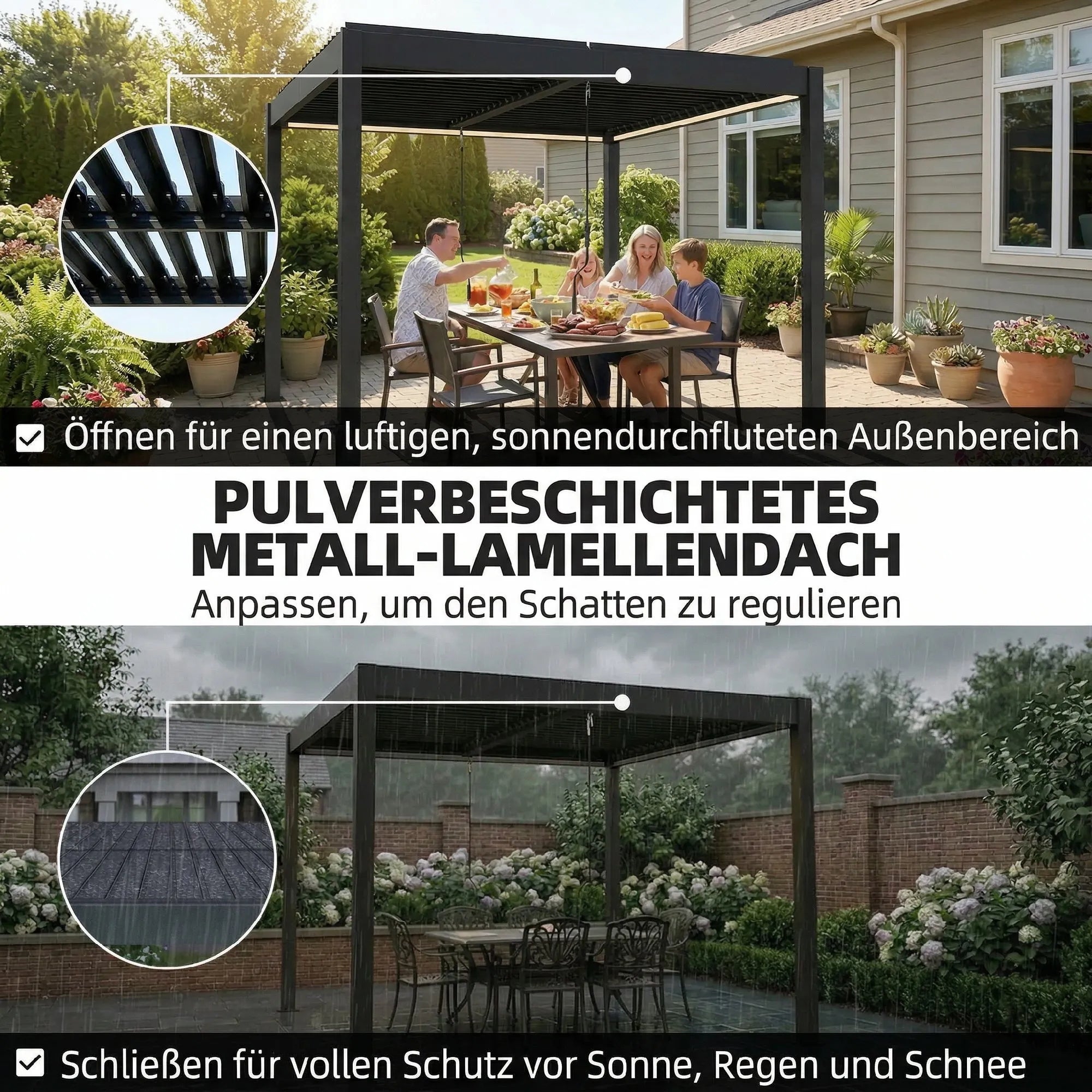 Pergola 3x3 m, aliumininė terasos stoginė su LED apšvietimu ir reguliuojamu lamelių stogu