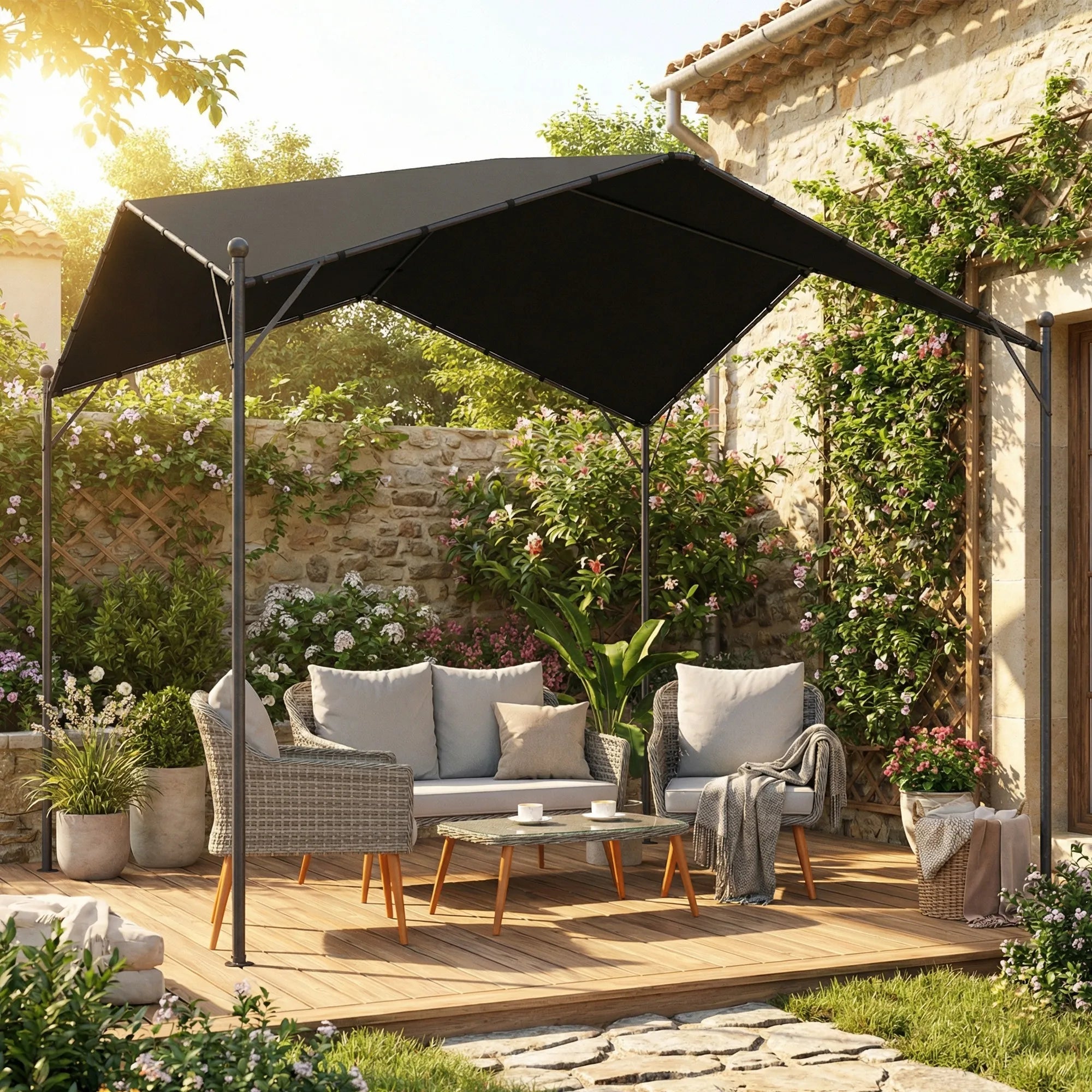 Pergola 3x3m metalinė su poliesterio stogu tamsiai pilka