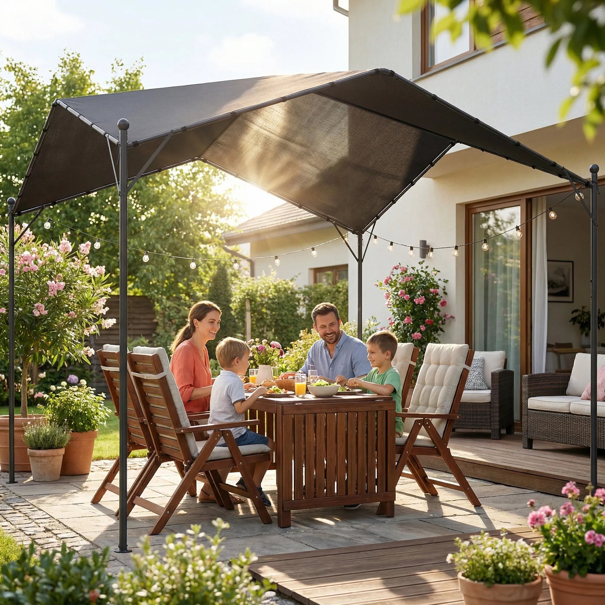 Pergola 3x3m metalinė su poliesterio stogu tamsiai pilka