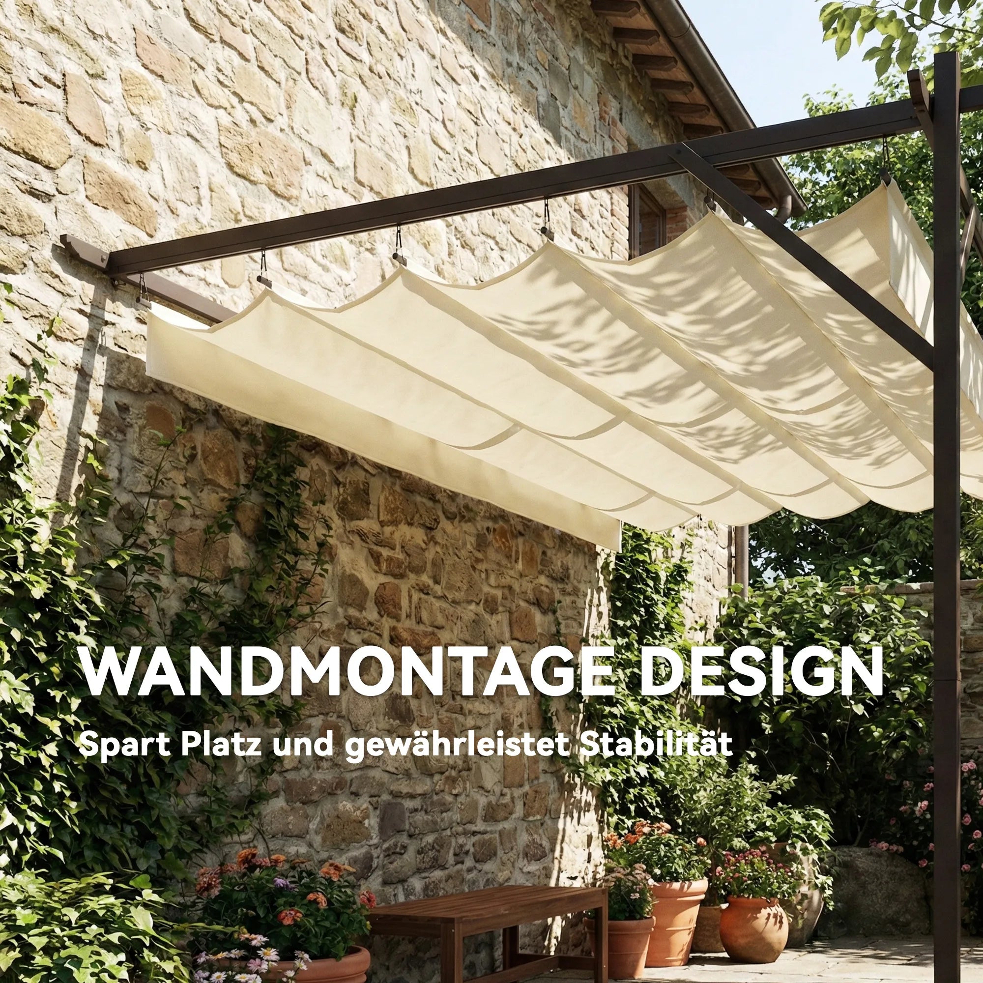 Pergola terasai su reguliuojamu stogu, terasos stoginė tvirtinama prie sienos, 4 × 3 m, kreminė
