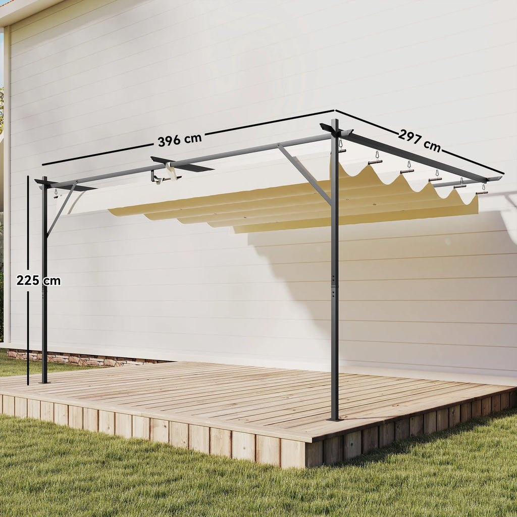 Pergola terasai su reguliuojamu stogu, terasos stoginė tvirtinama prie sienos, 4 × 3 m, kreminė
