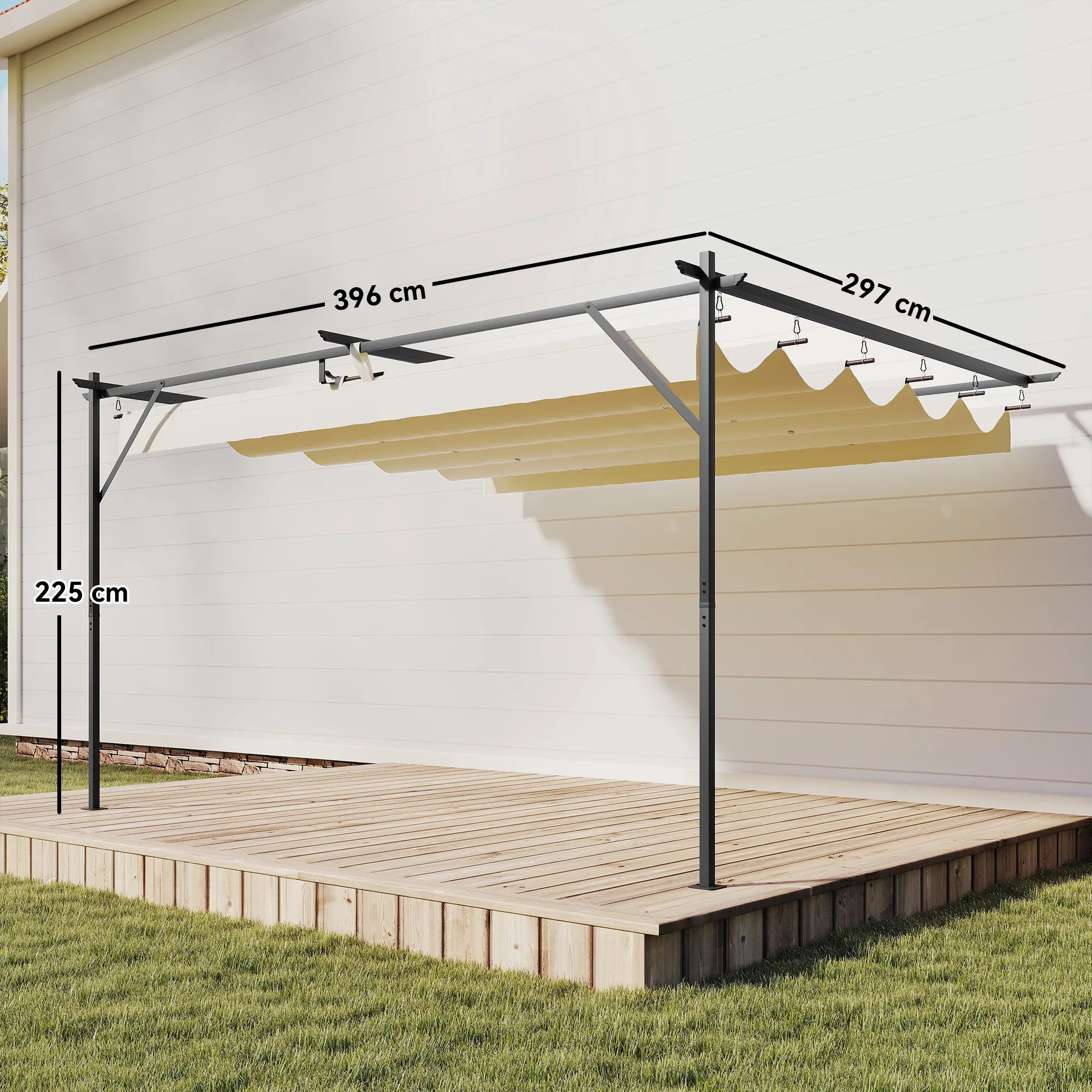 Pergola terasai su reguliuojamu stogu, terasos stoginė tvirtinama prie sienos, 4 × 3 m, kreminė