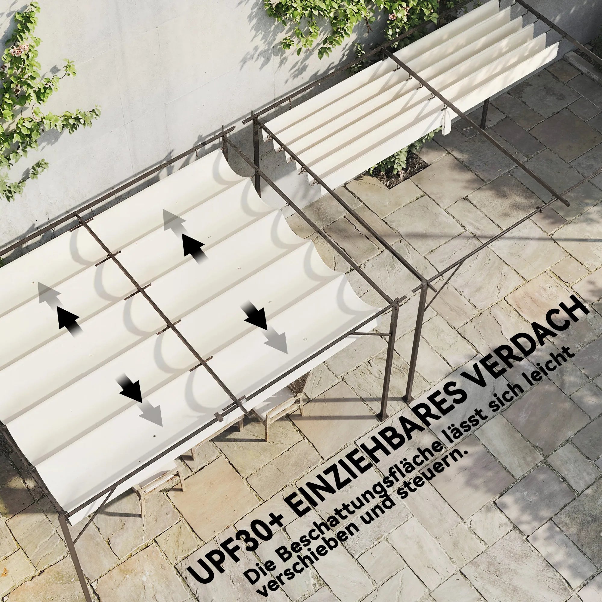 Pergola terasai su reguliuojamu stogu, terasos stoginė tvirtinama prie sienos, 4 × 3 m, kreminė