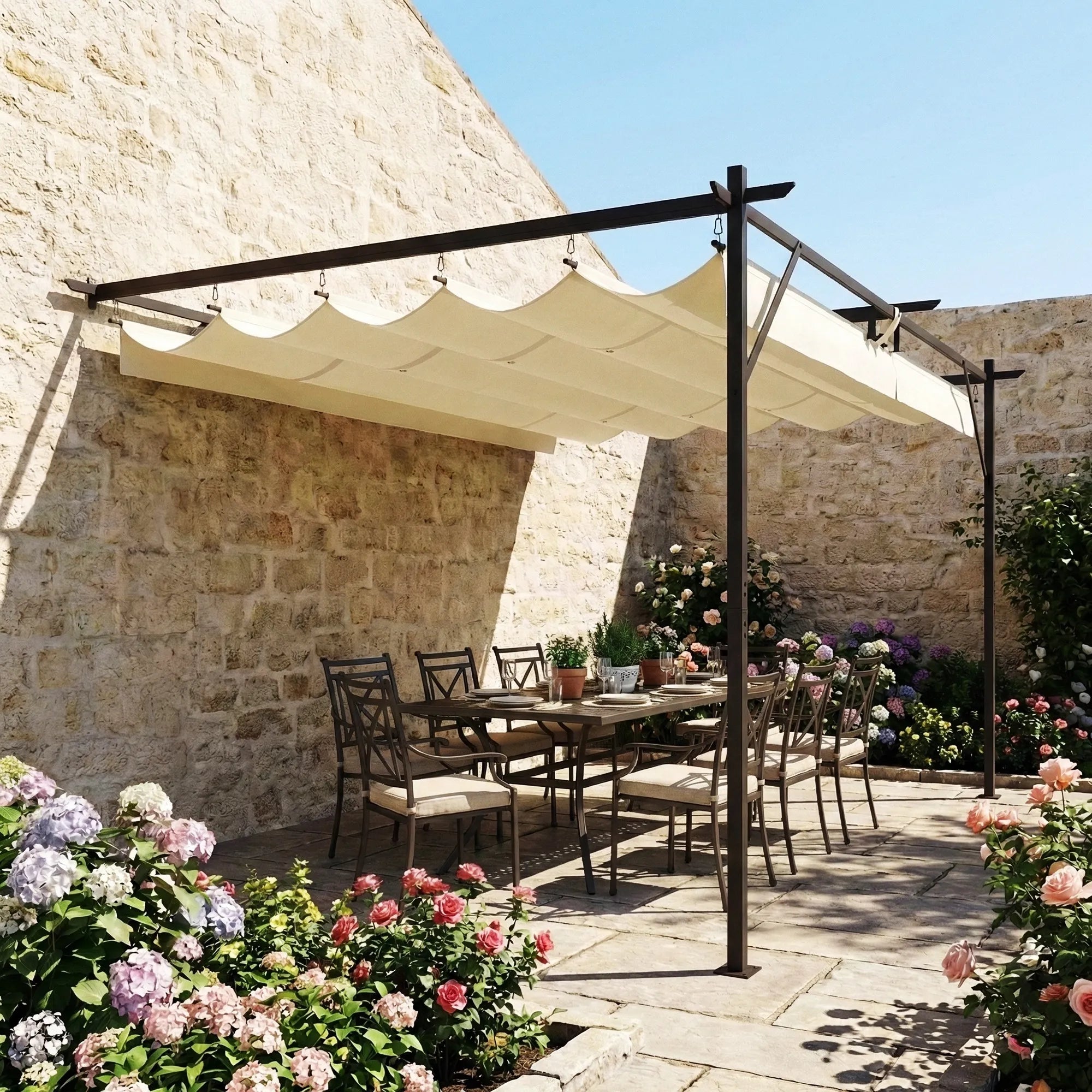 Pergola terasai su reguliuojamu stogu, terasos stoginė tvirtinama prie sienos, 4 × 3 m, kreminė