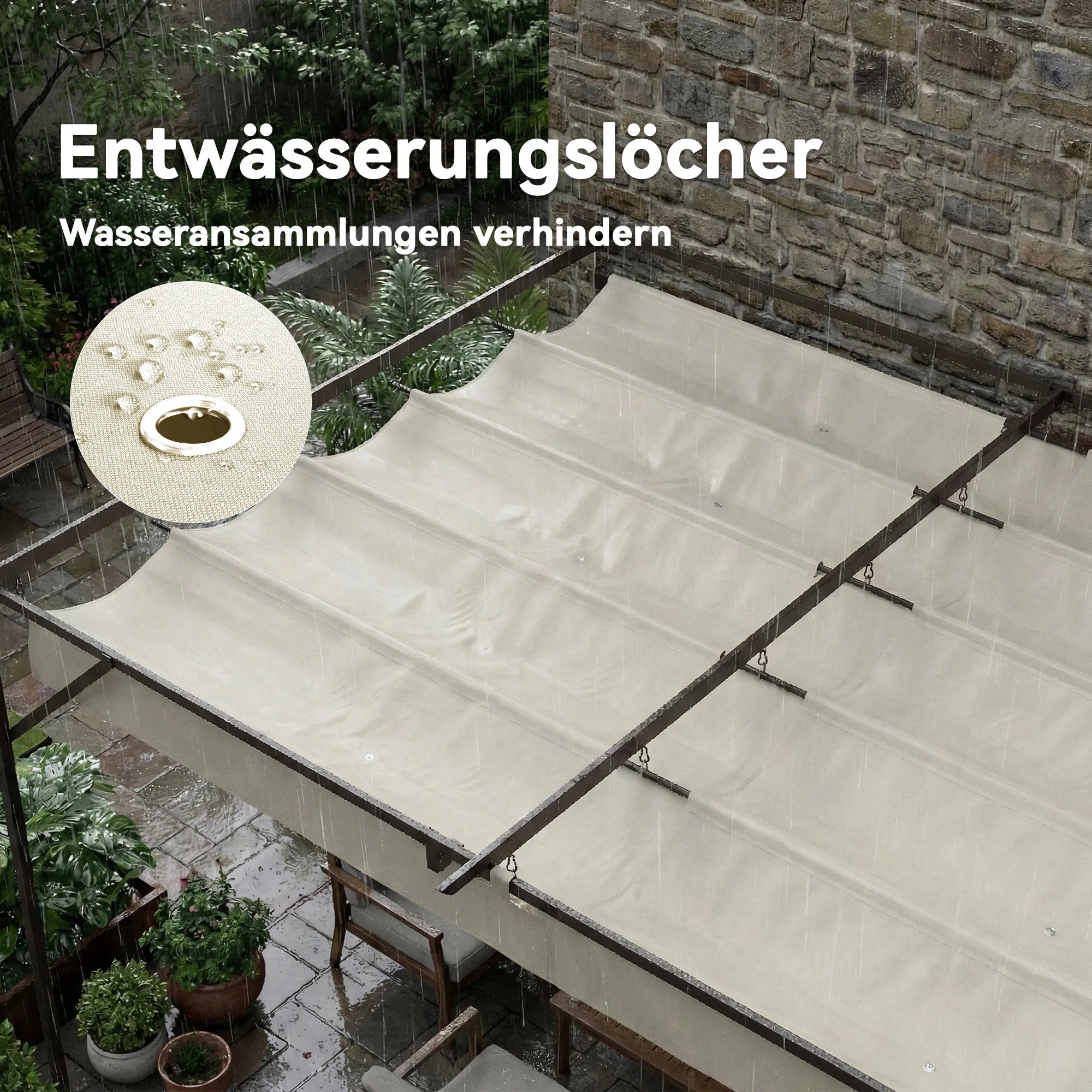 Pergola terasai su reguliuojamu stogu, terasos stoginė tvirtinama prie sienos, 4 × 3 m, kreminė