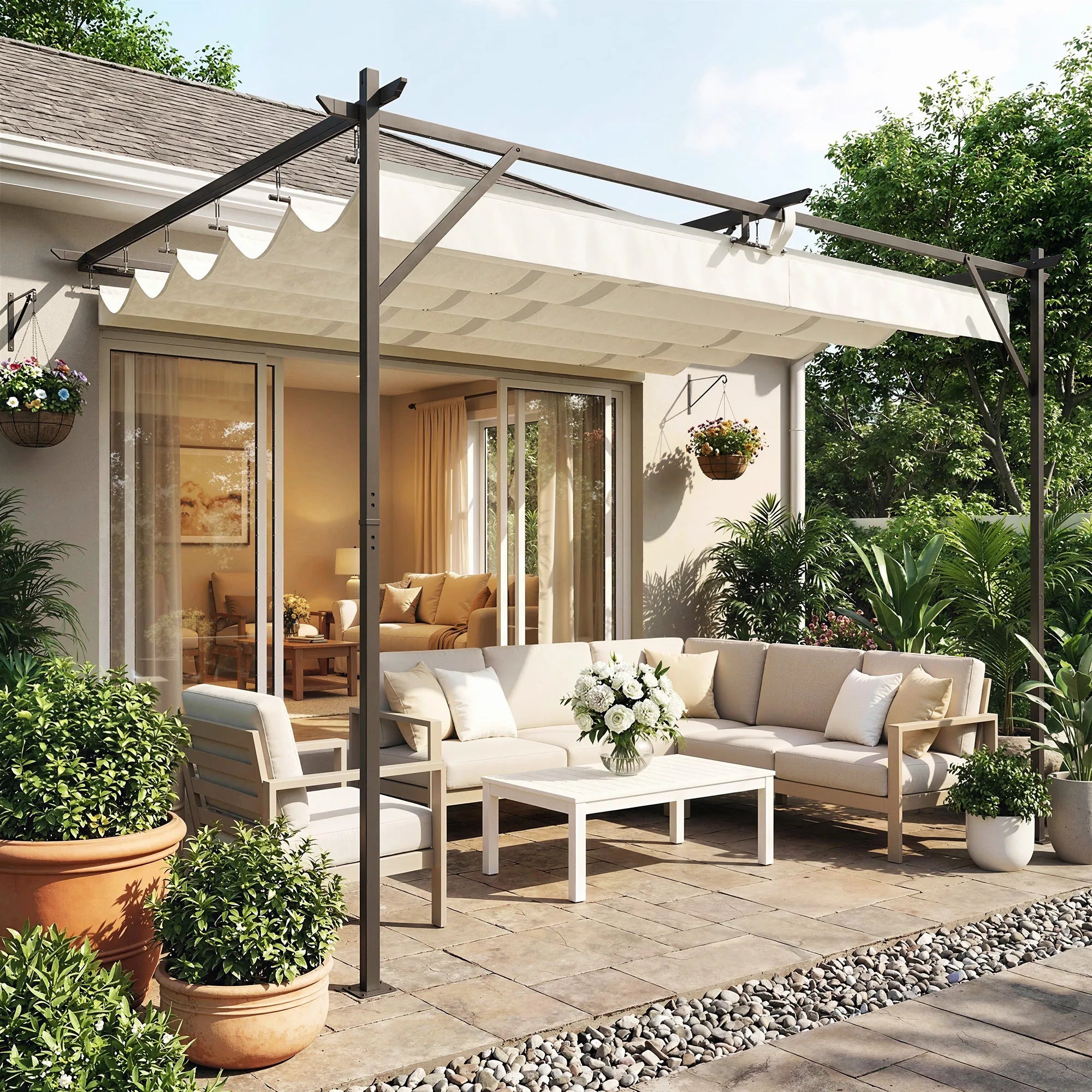 Pergola terasai su reguliuojamu stogu, terasos stoginė tvirtinama prie sienos, 4 × 3 m, kreminė