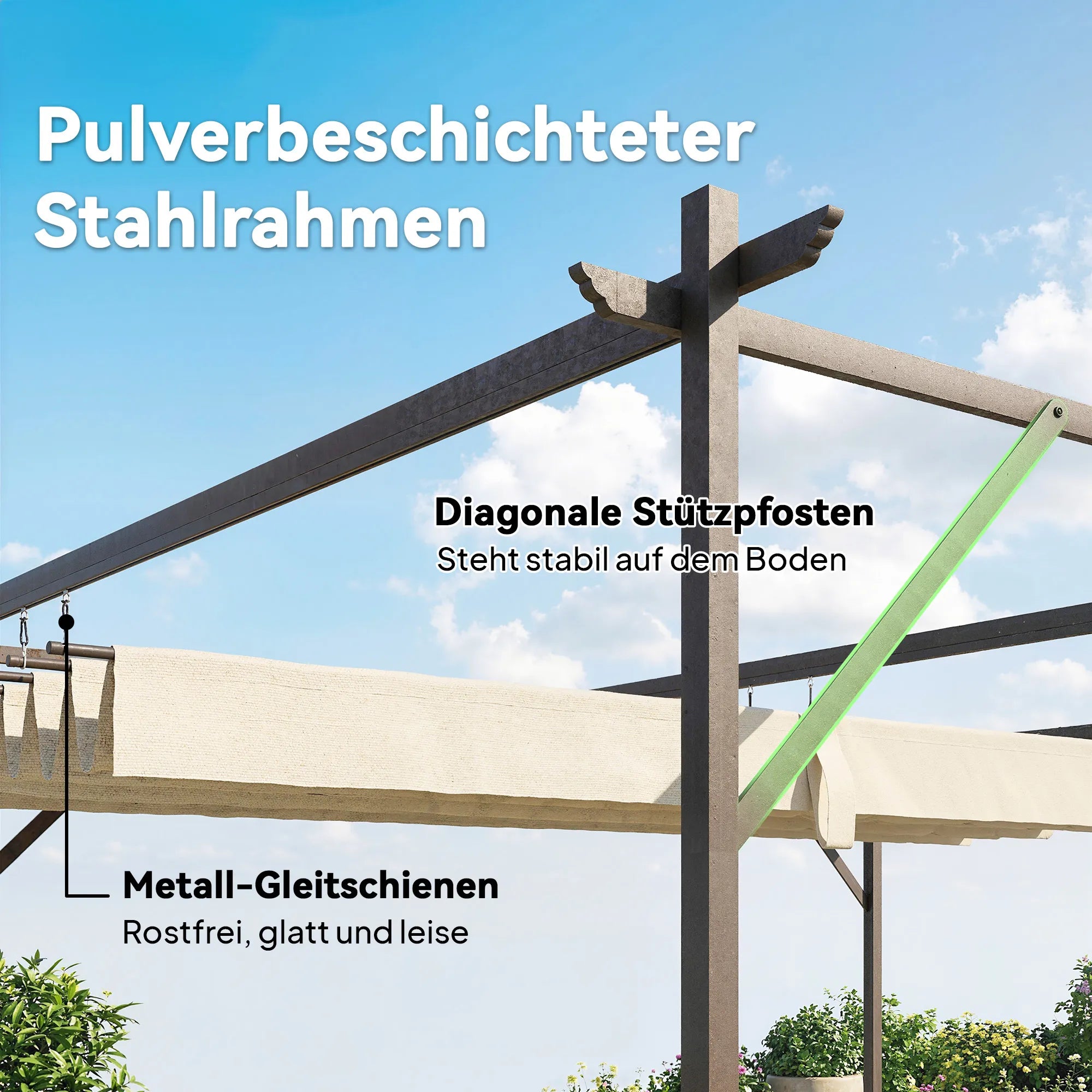 Pergola terasai su reguliuojamu stogu, terasos stoginė tvirtinama prie sienos, 4 × 3 m, kreminė