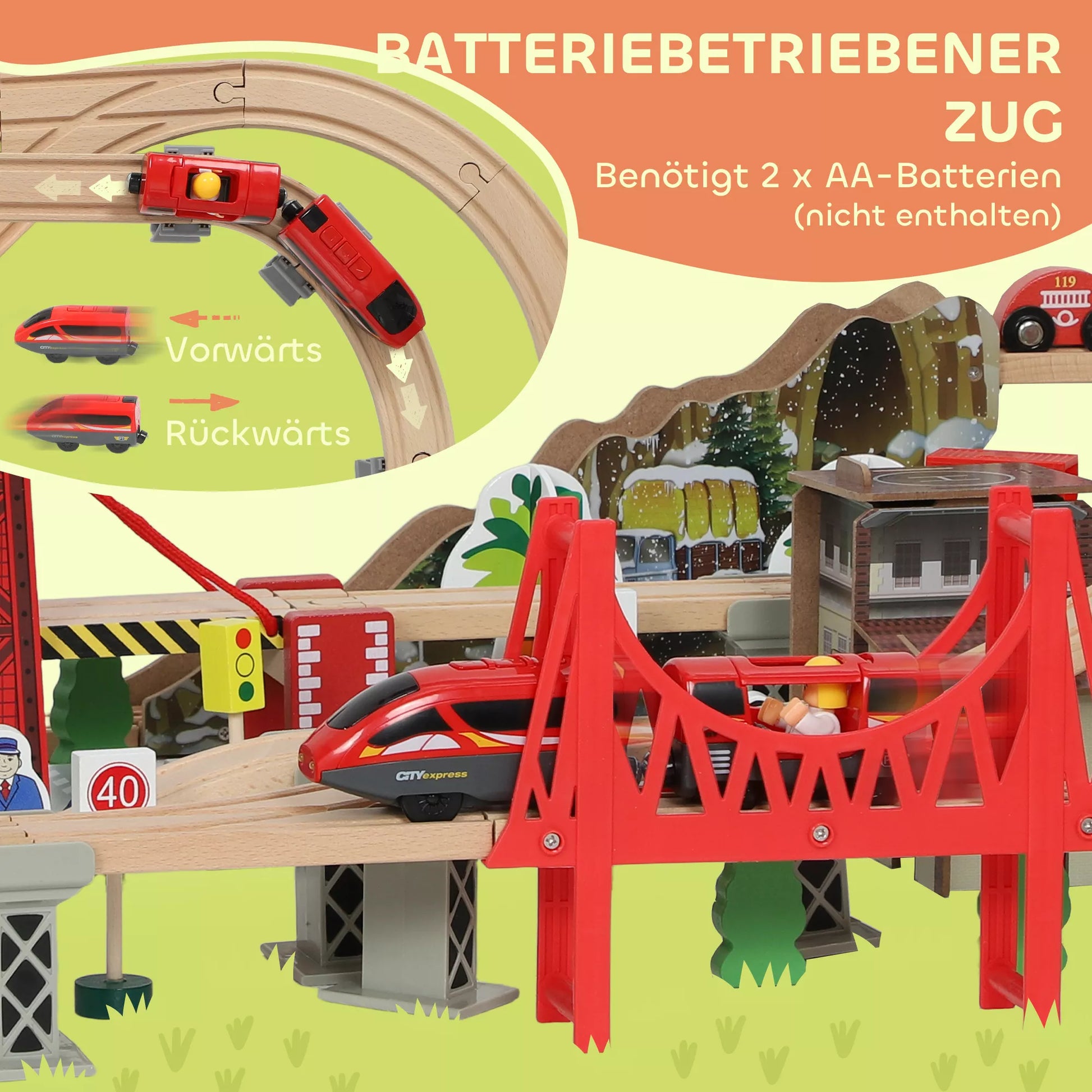 Medinių traukinių rinkinys, 100 dalių, su magnetiniu kranu, buko mediena, spalvotas