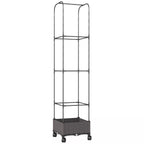 Tuščias aukštas gėlių vazonas su laipiojimo grotelėmis ir ratukais ant balto fono