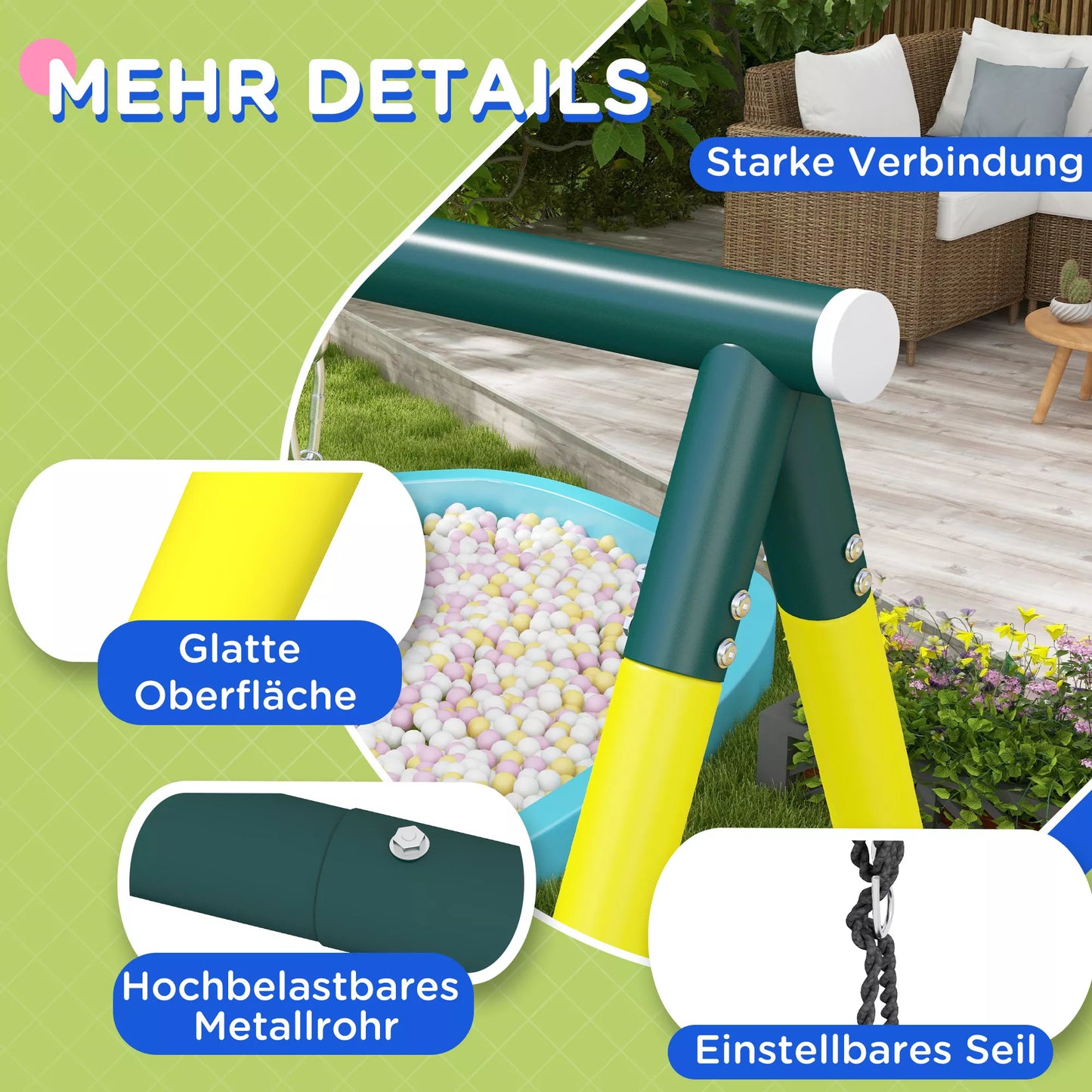 Vaikų sūpynių aikštelė su 2 sūpynėmis, krepšinio lanku, laipiojimo kopėčiomis, 267x180x202 cm, geltona