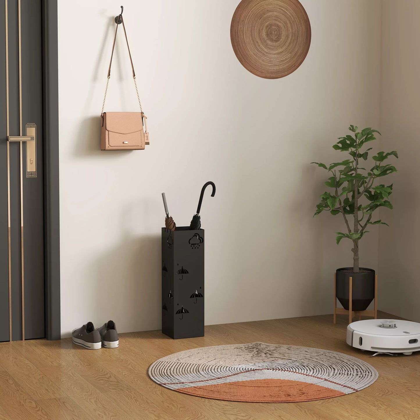 Juodas metalinis skėčių stovas, 4 kabliukai, su debesėlių ir skėčių raštu, lašų surinkimo padėklas