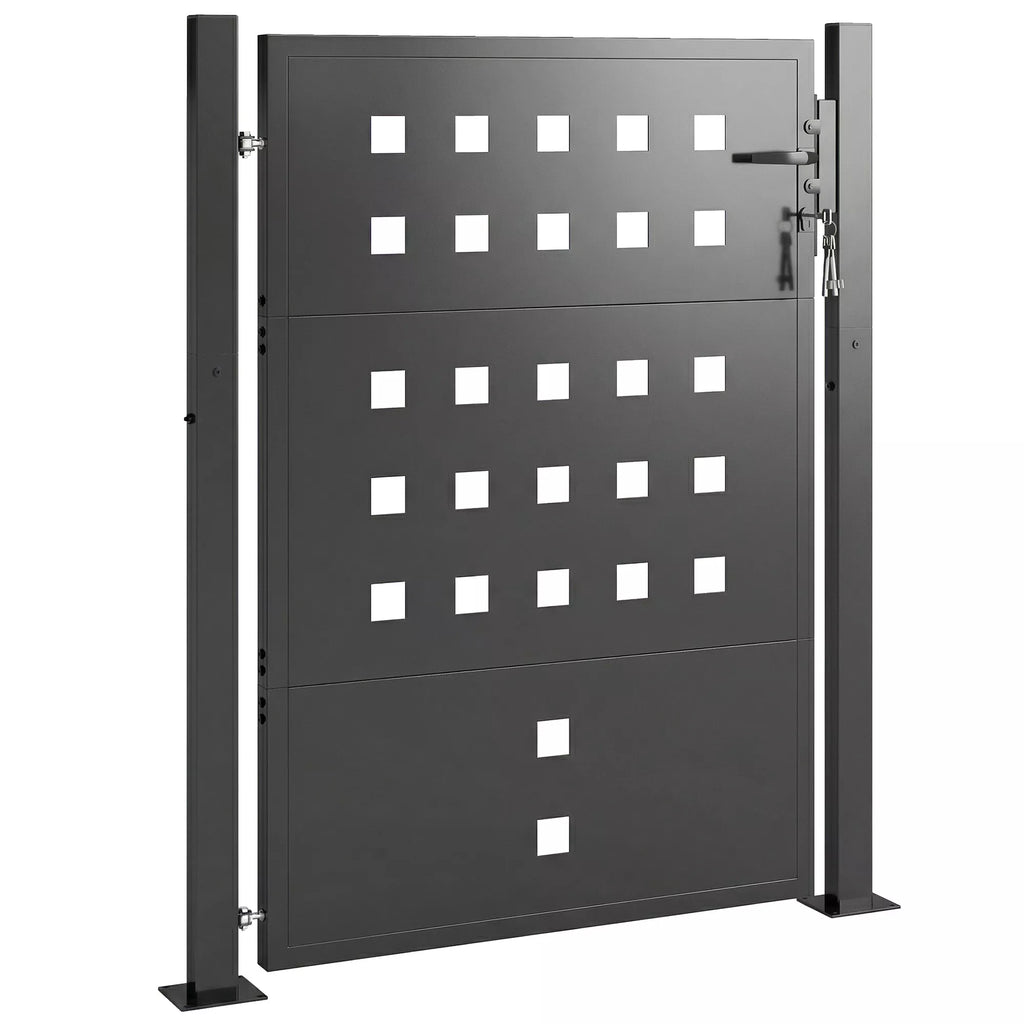 Sodo vartai iš cinkuoto plieno. Metalinės sodo durys su rankena ir spyna, užrakinamos 3 rakteliais. Tvoros vartai, 105 x 130 cm, tamsiai pilkos spalvos
