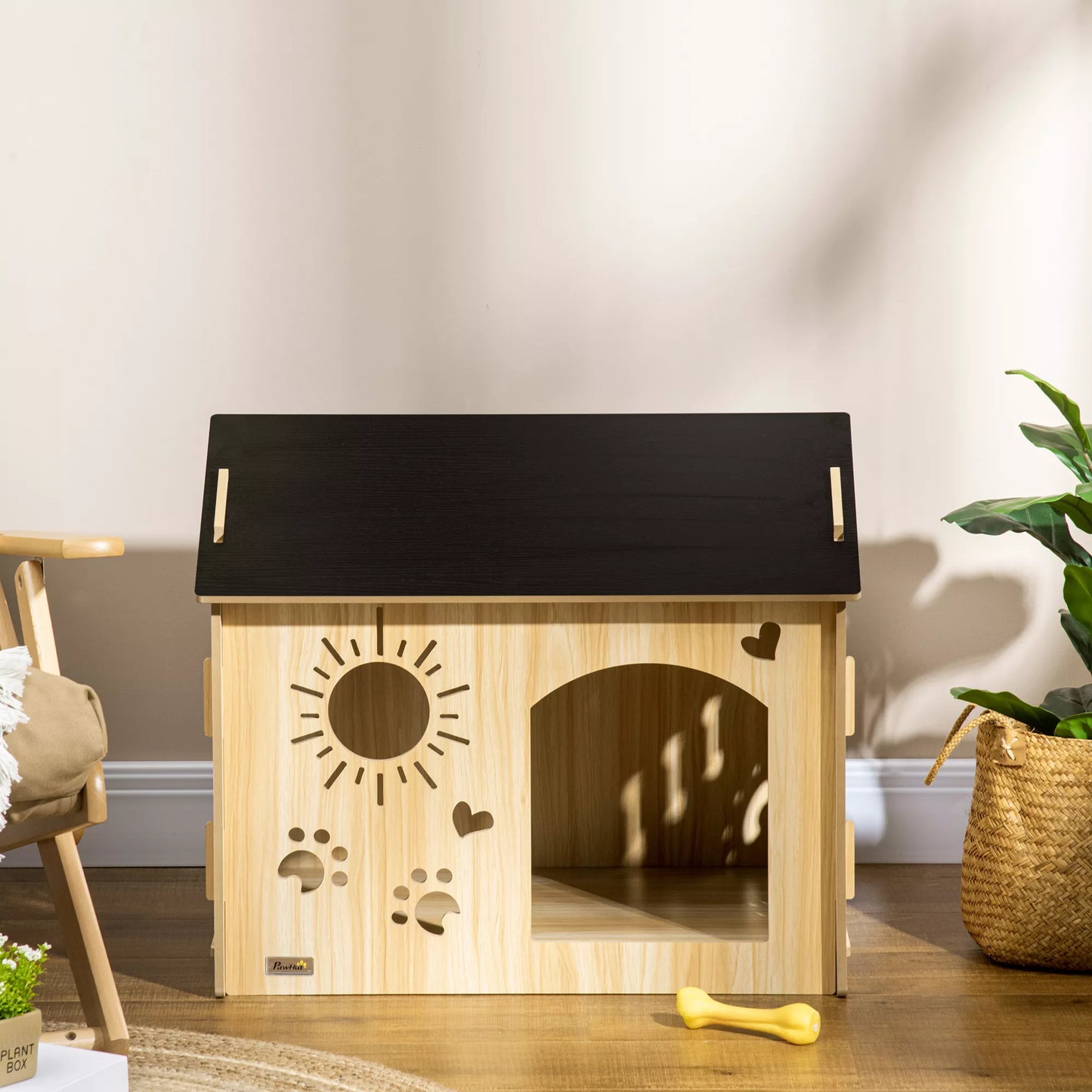 Šunų namelis, su ventiliacijos angomis, atsparus oro sąlygoms, medienos medžiaga, juoda+medžio spalva, 69 x 50 x 58,5 cm