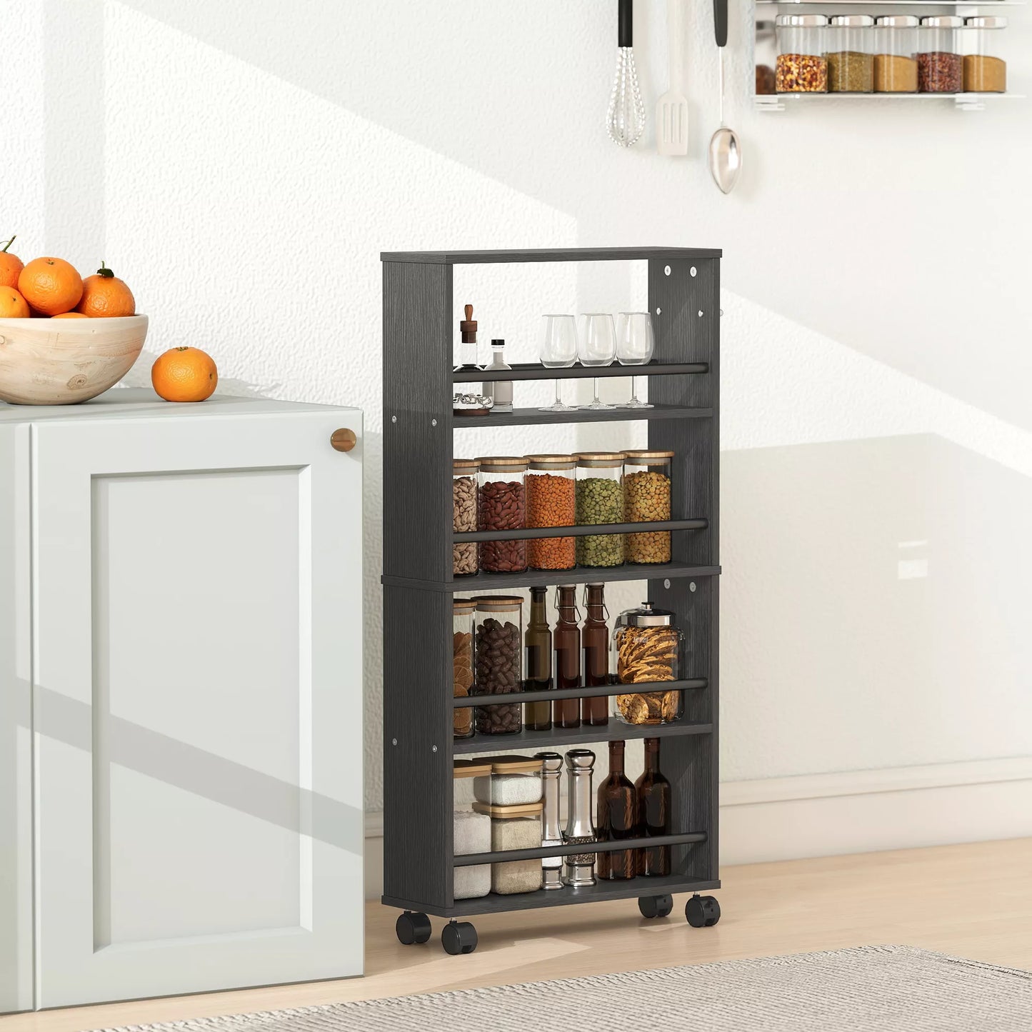 Daugiafunkcinė lentyna su ratukais, siaura konstrukcija, 4 skyriai, 45x15x91 cm, juoda