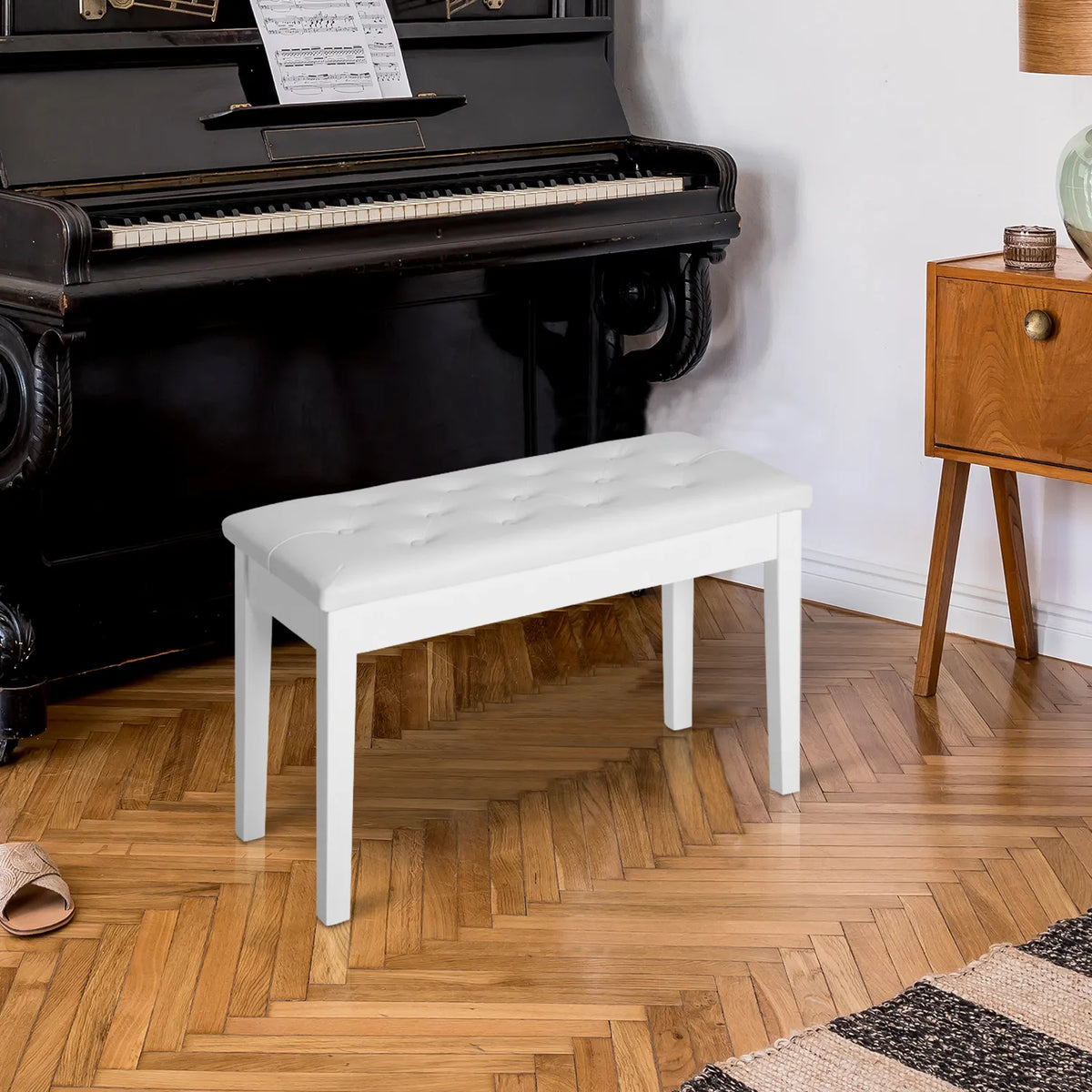 Pianino suolas su daiktadėže, 76 × 36 × 50 cm, baltas