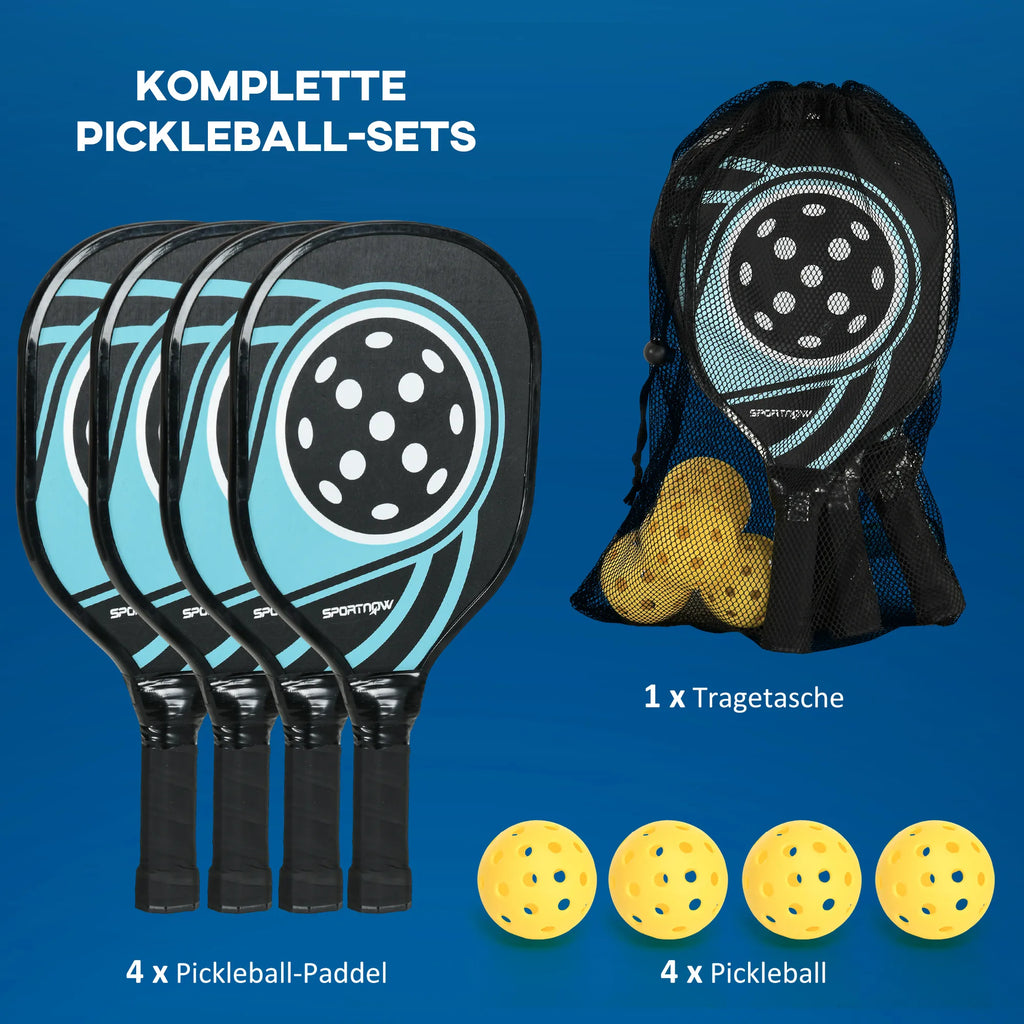 Pickleball rinkinys, 4 raketės, 4 kamuoliukai, krepšys, juoda/mėlyna
