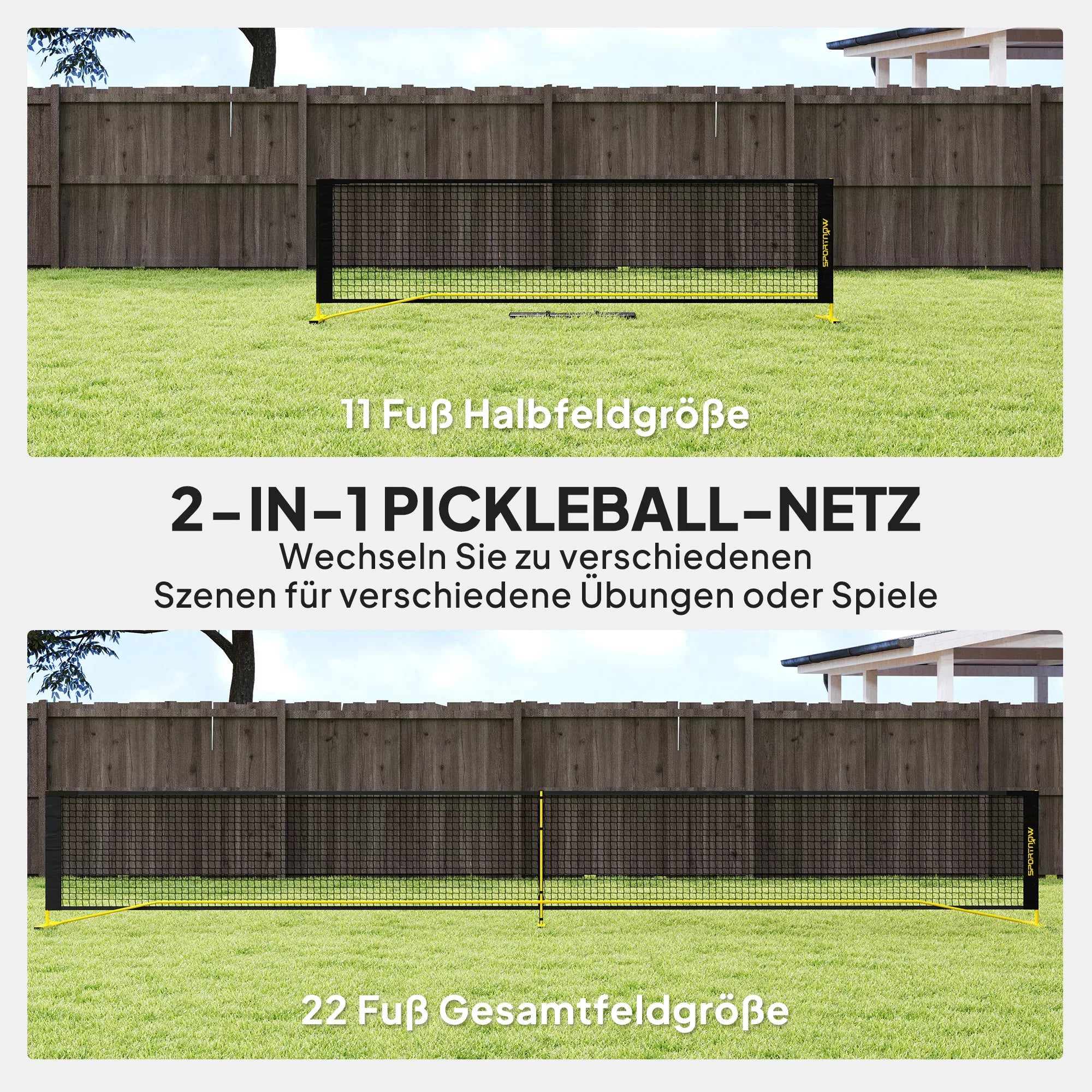 Pickleball tinklas, nešiojamas su metaliniu rėmu ir krepšiu, geltonas