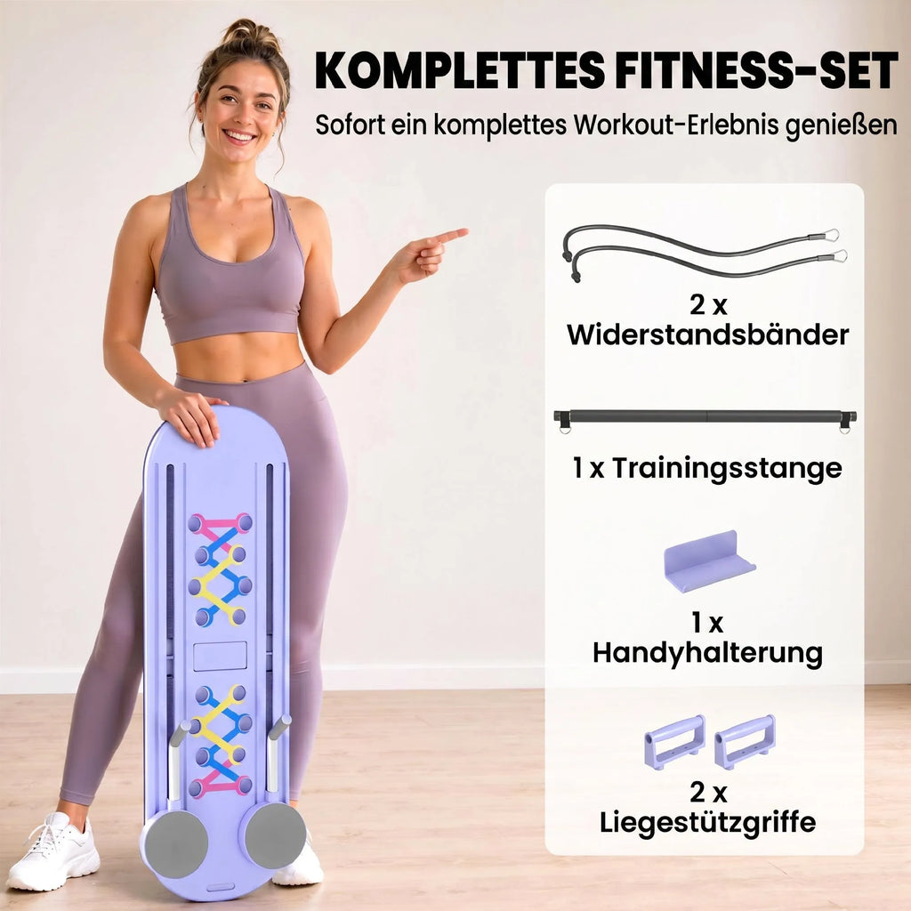 Pilates treniruoklio priedų rinkinys: juostos, lazda ir rankenos