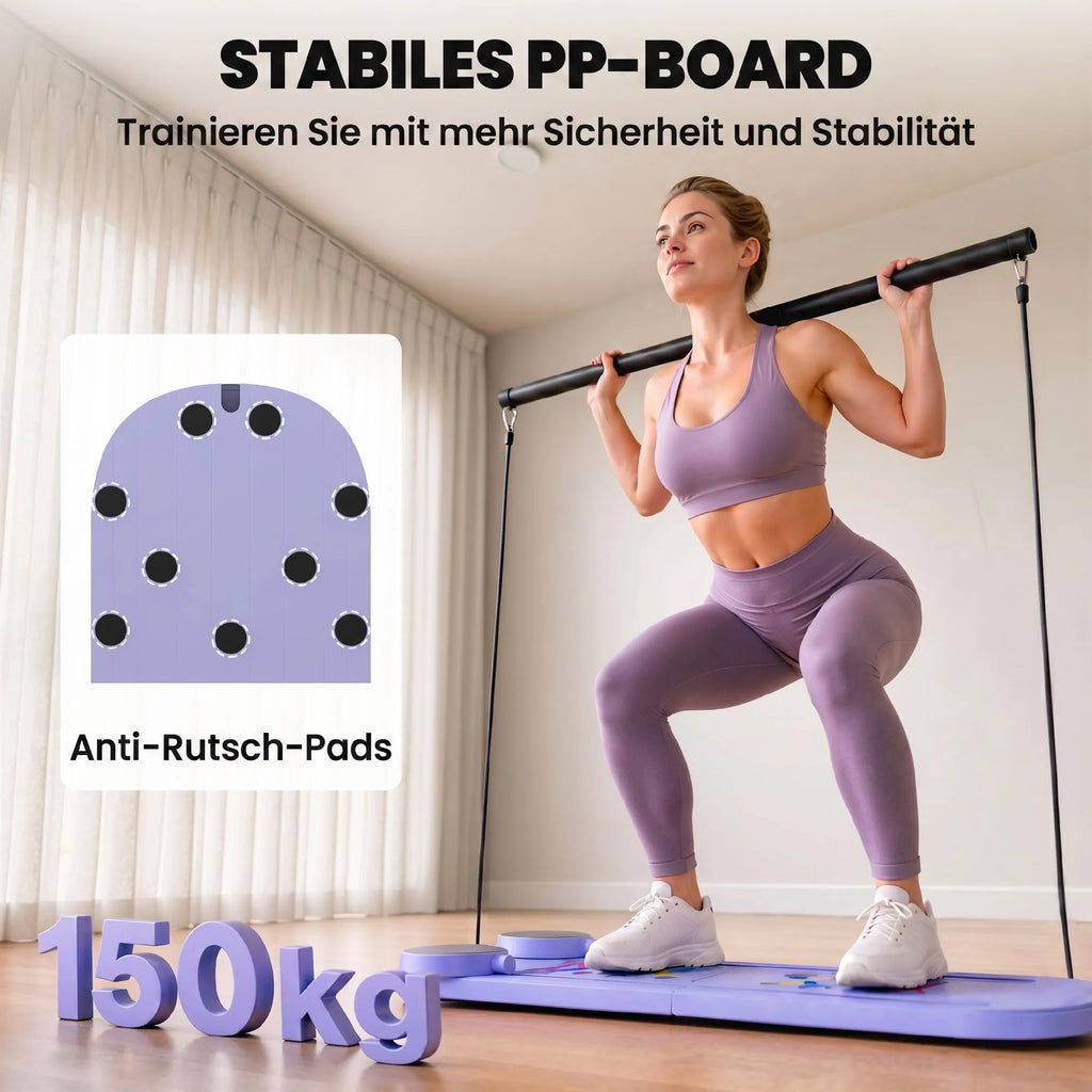 Moteris atlieka pritūpimus su lazda ant Pilates treniruoklio